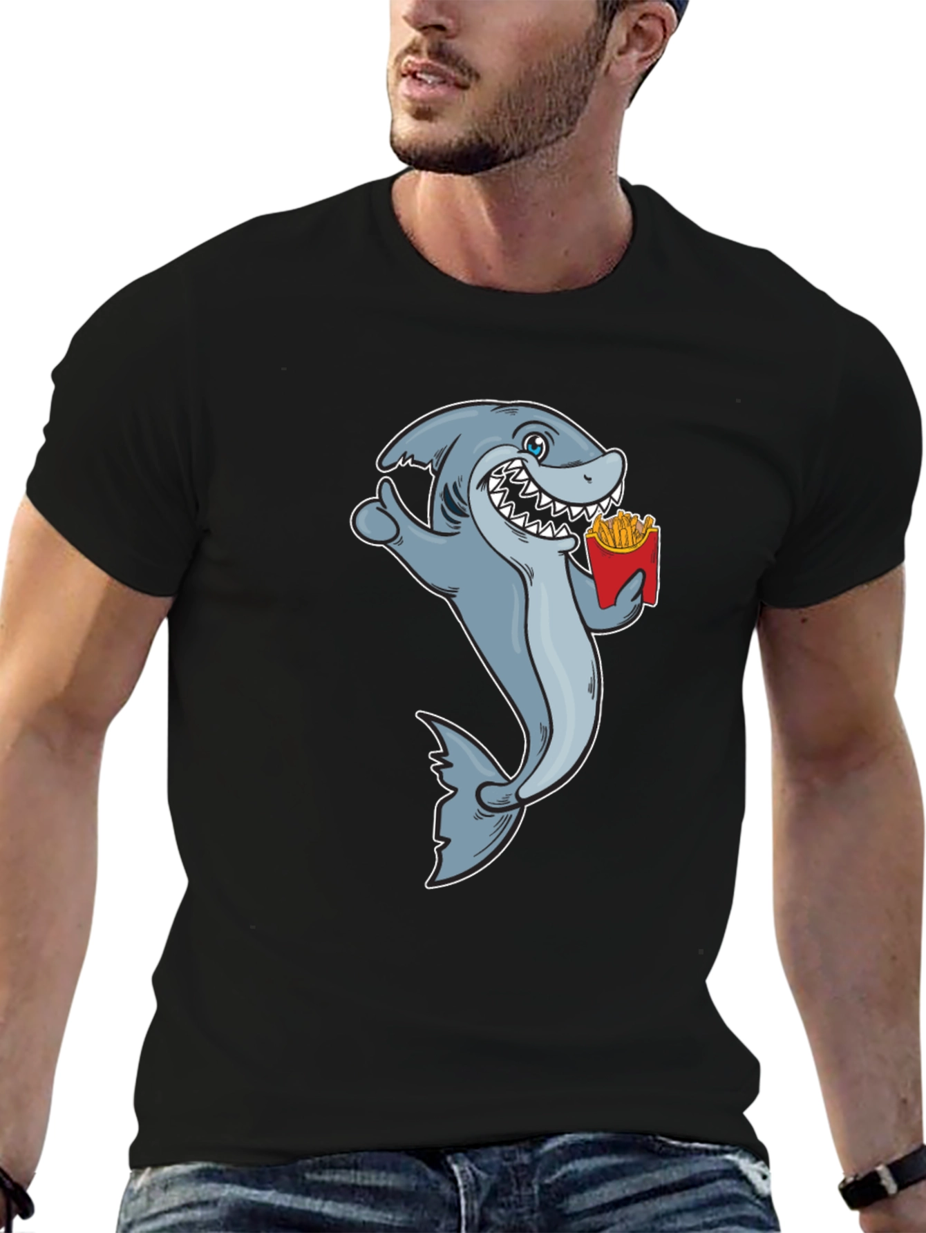 Black Shark Eating Fries Graphic Tee - Black Cotton T-Shirt view 6