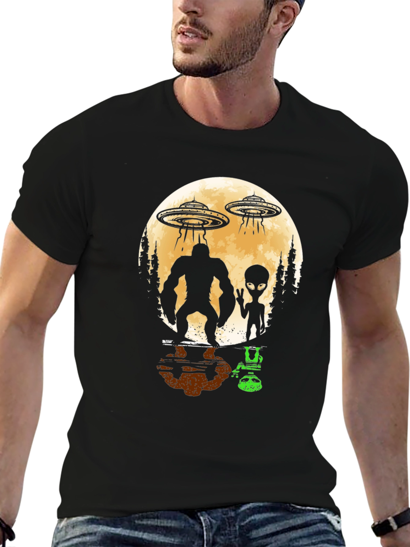 Black Bigfoot & Alien UFO Graphic Tee - Black view 6