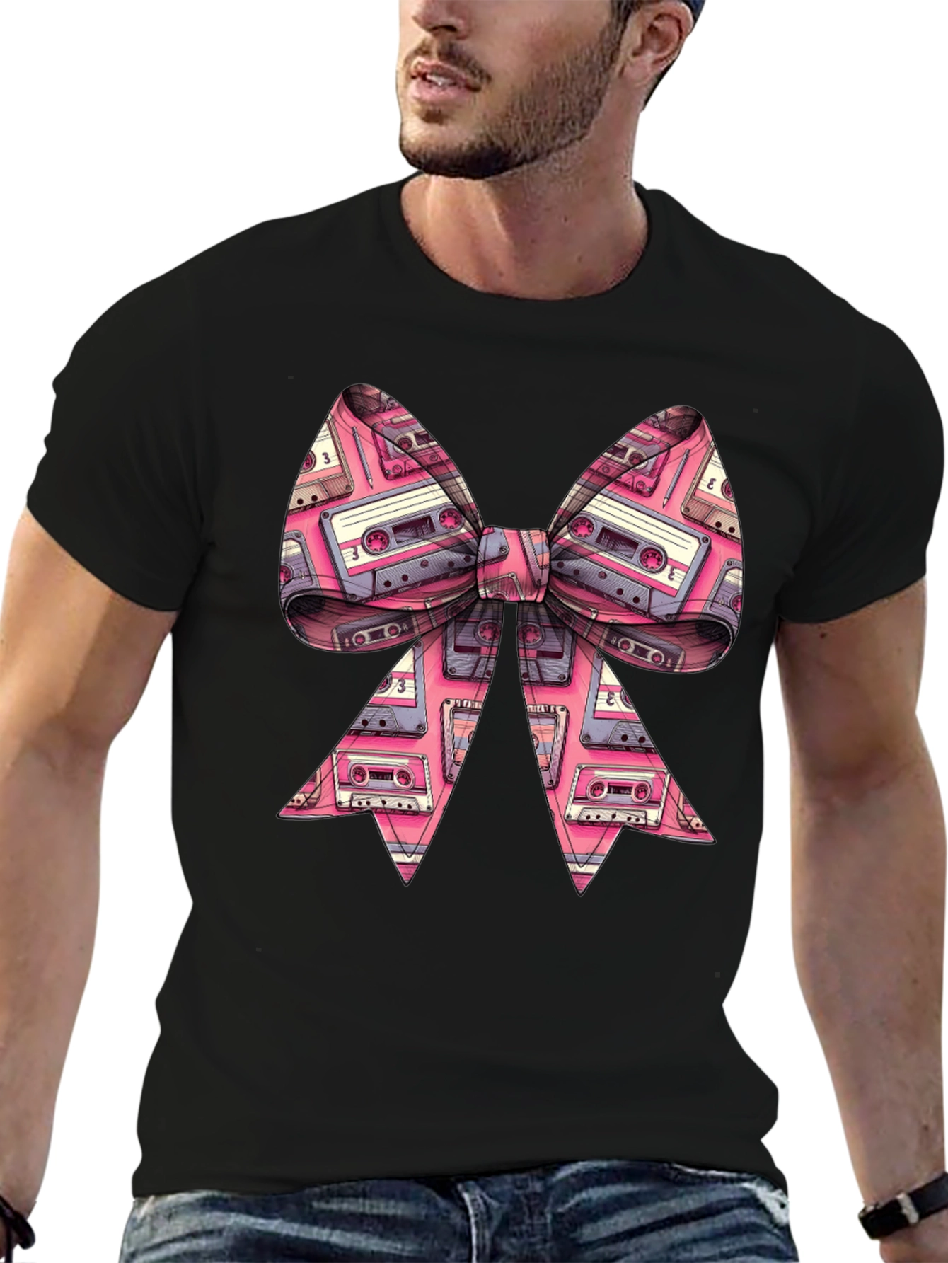 Black Retro Cassette Tape Bow Tie T-Shirt view 6