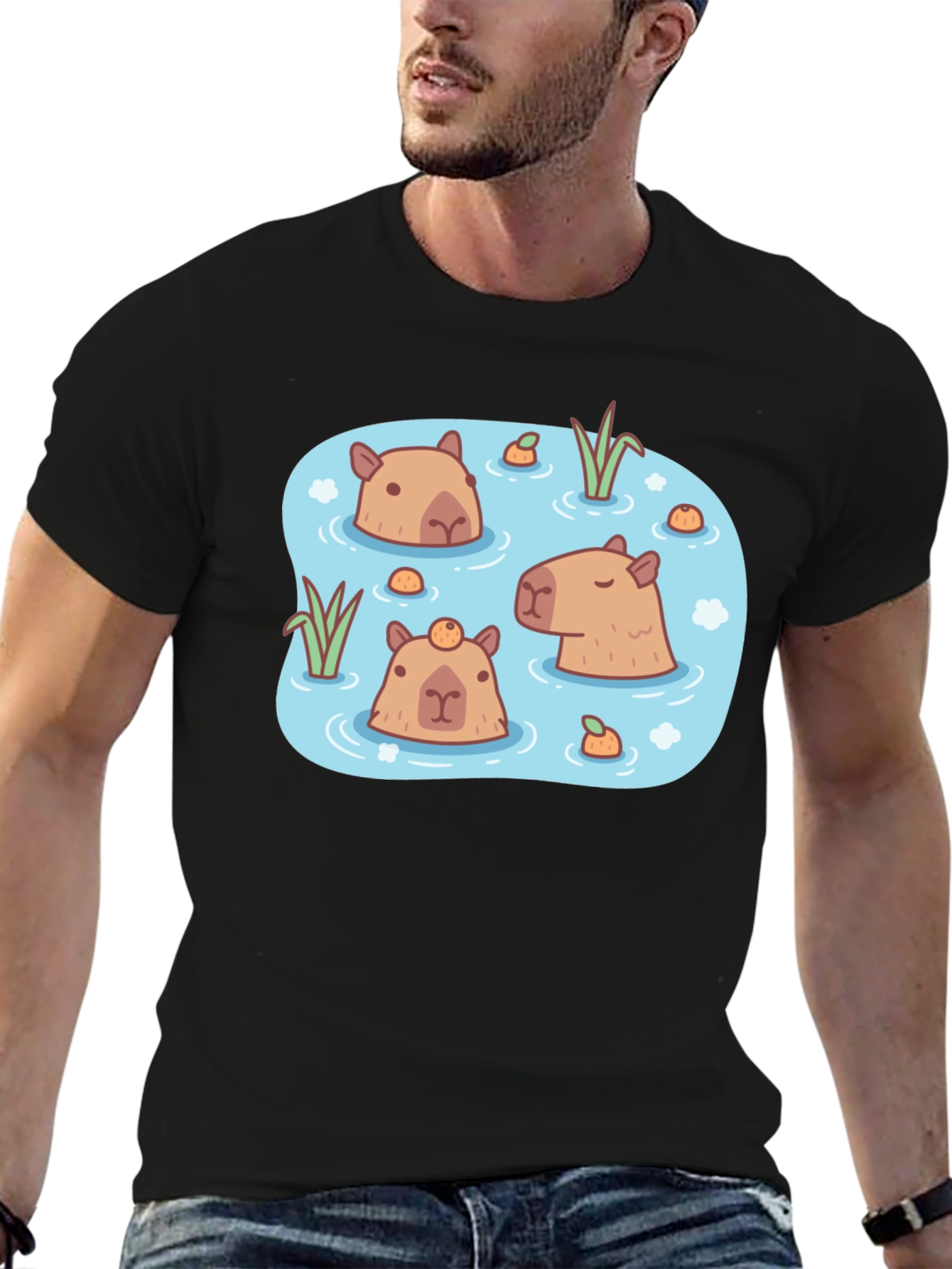 Black Capybara Pond T-Shirt - Relaxed Aquatic Design view 6
