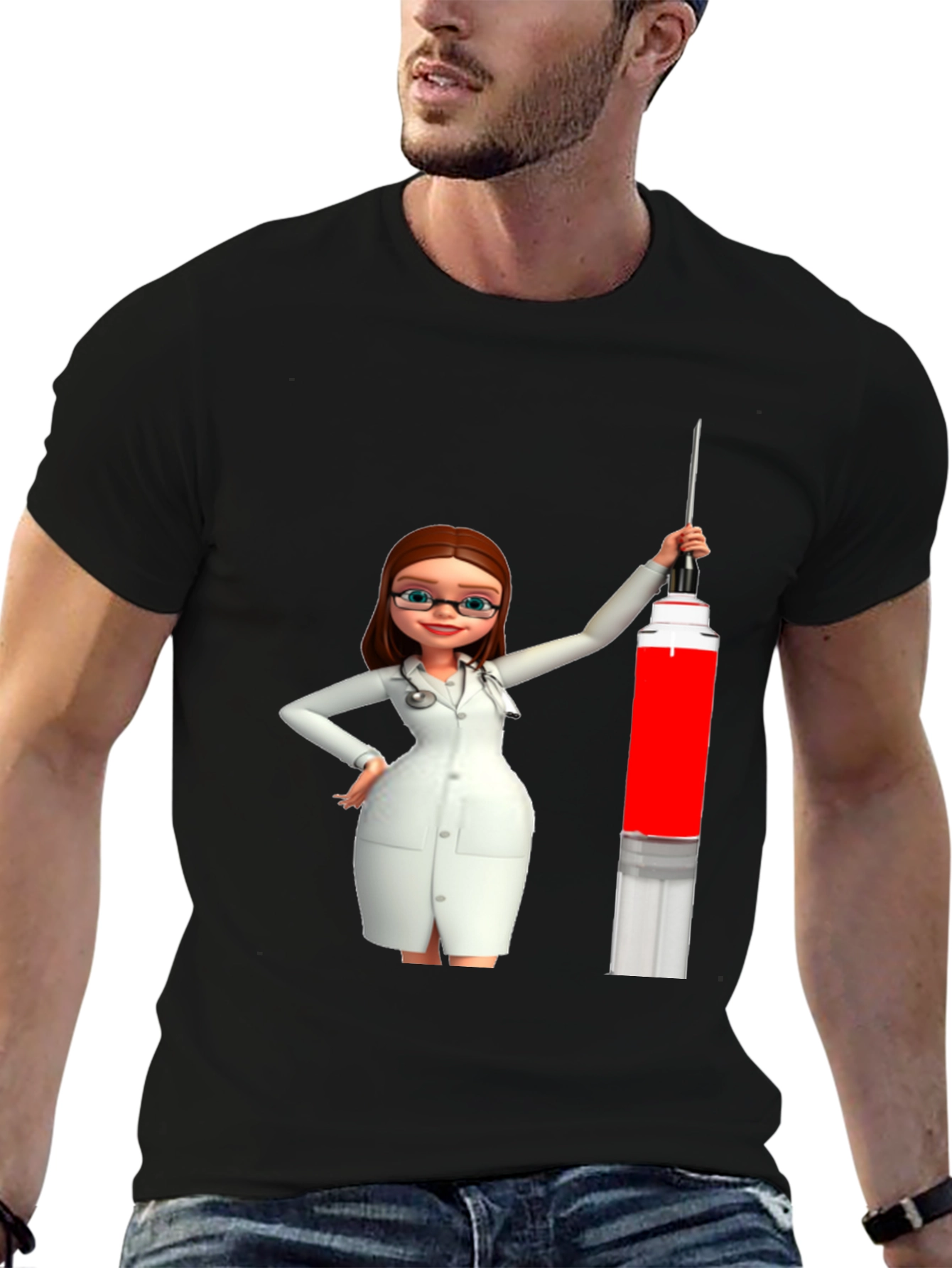 Black Novelty Cartoon Doctor T-Shirt view 6