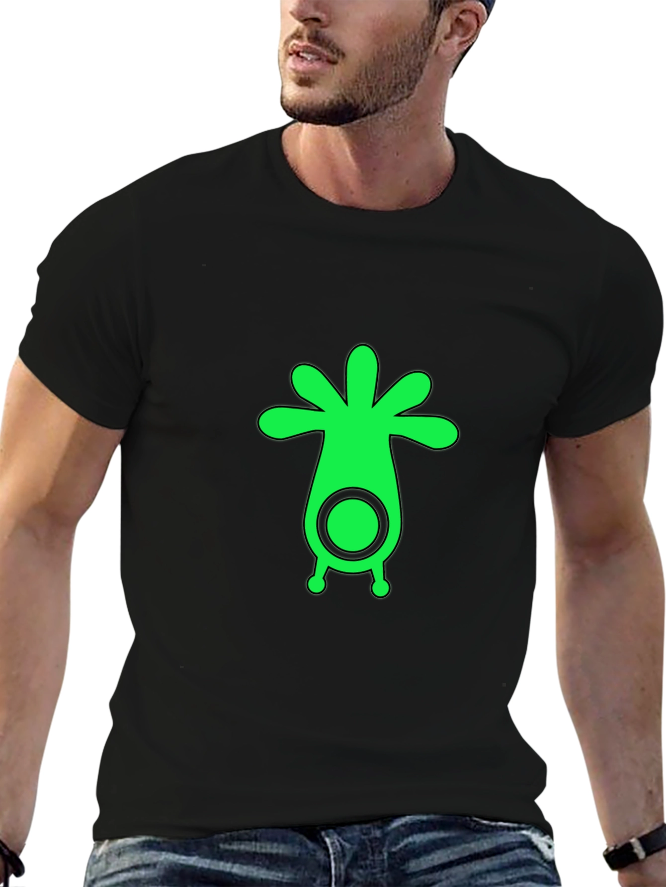 Black Men's Black T-Shirt with Green Alien Graphic view 6