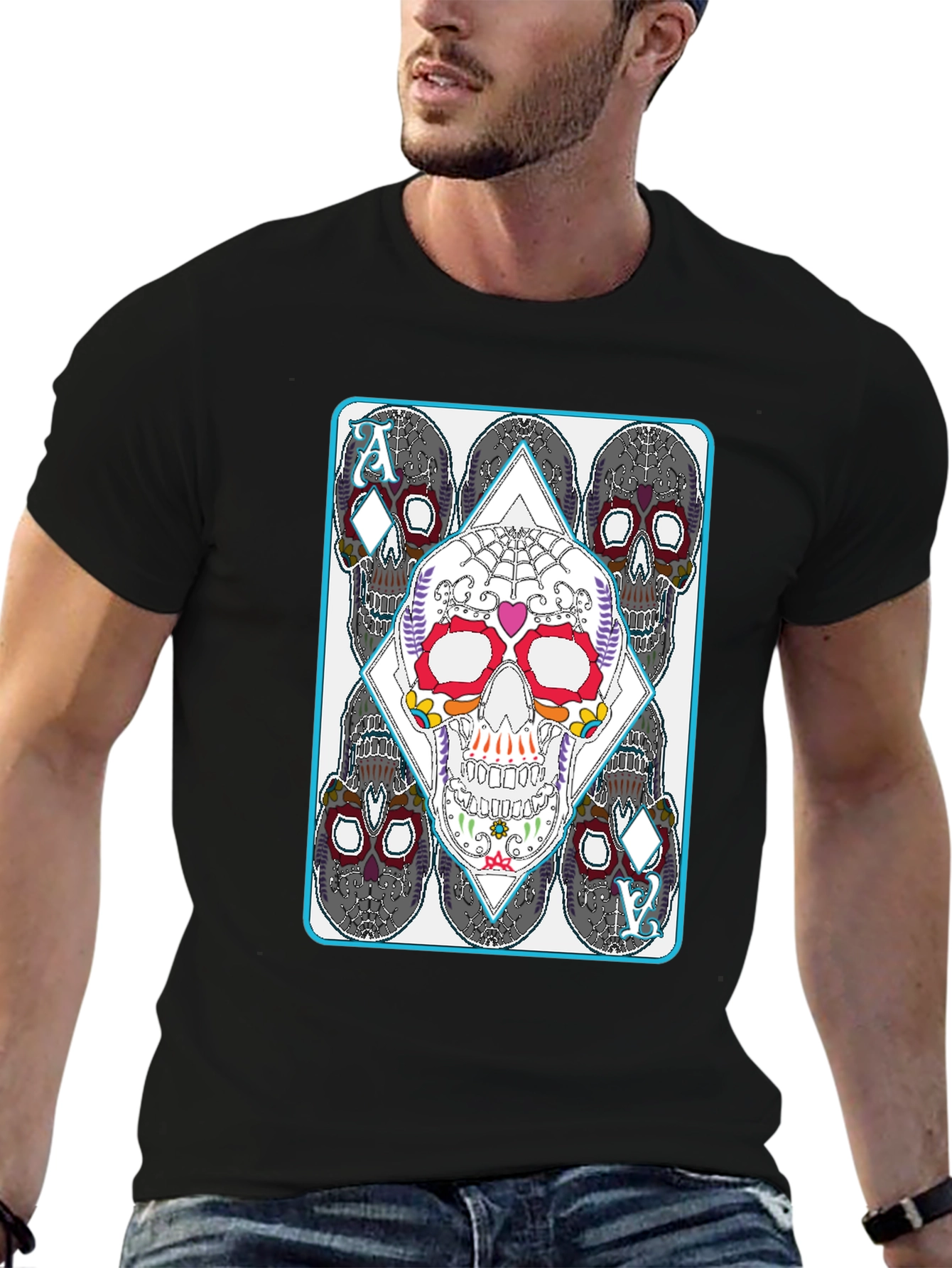 Black Sugar Skull Ace of Diamonds Graphic T-Shirt view 6