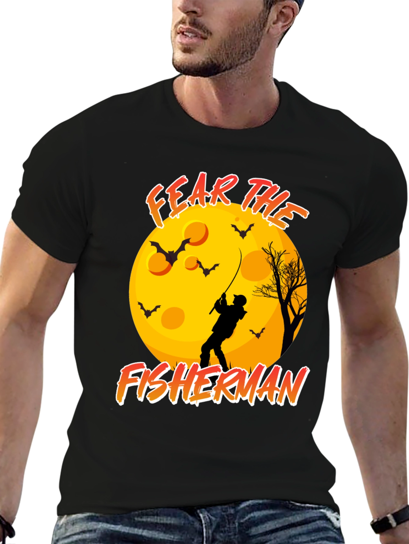 Black Fear the Fisherman Black T-Shirt Halloween Moon Bats view 6