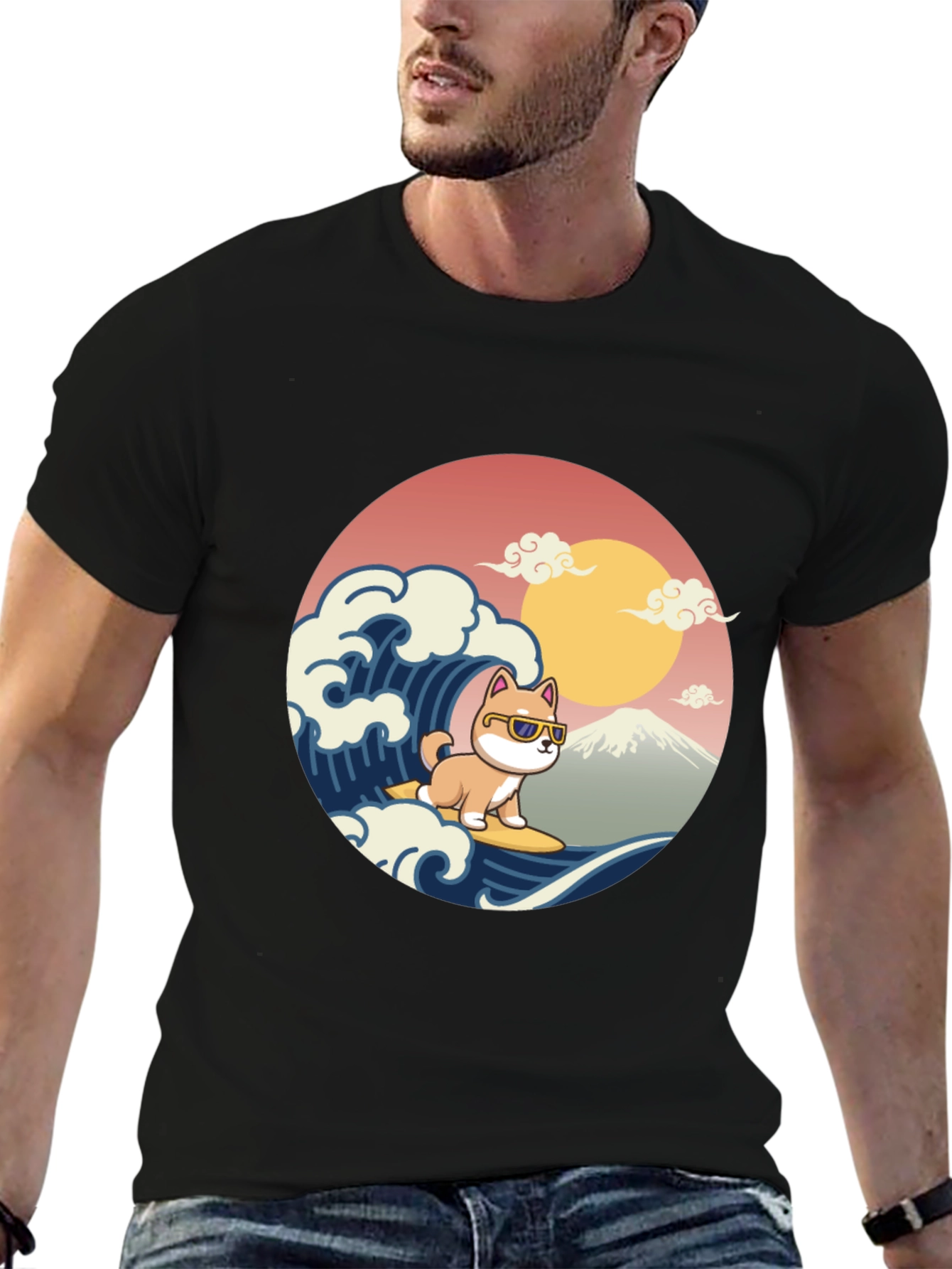 Black Surfing Shiba Inu T-Shirt - Cool Dog Wave Design view 6