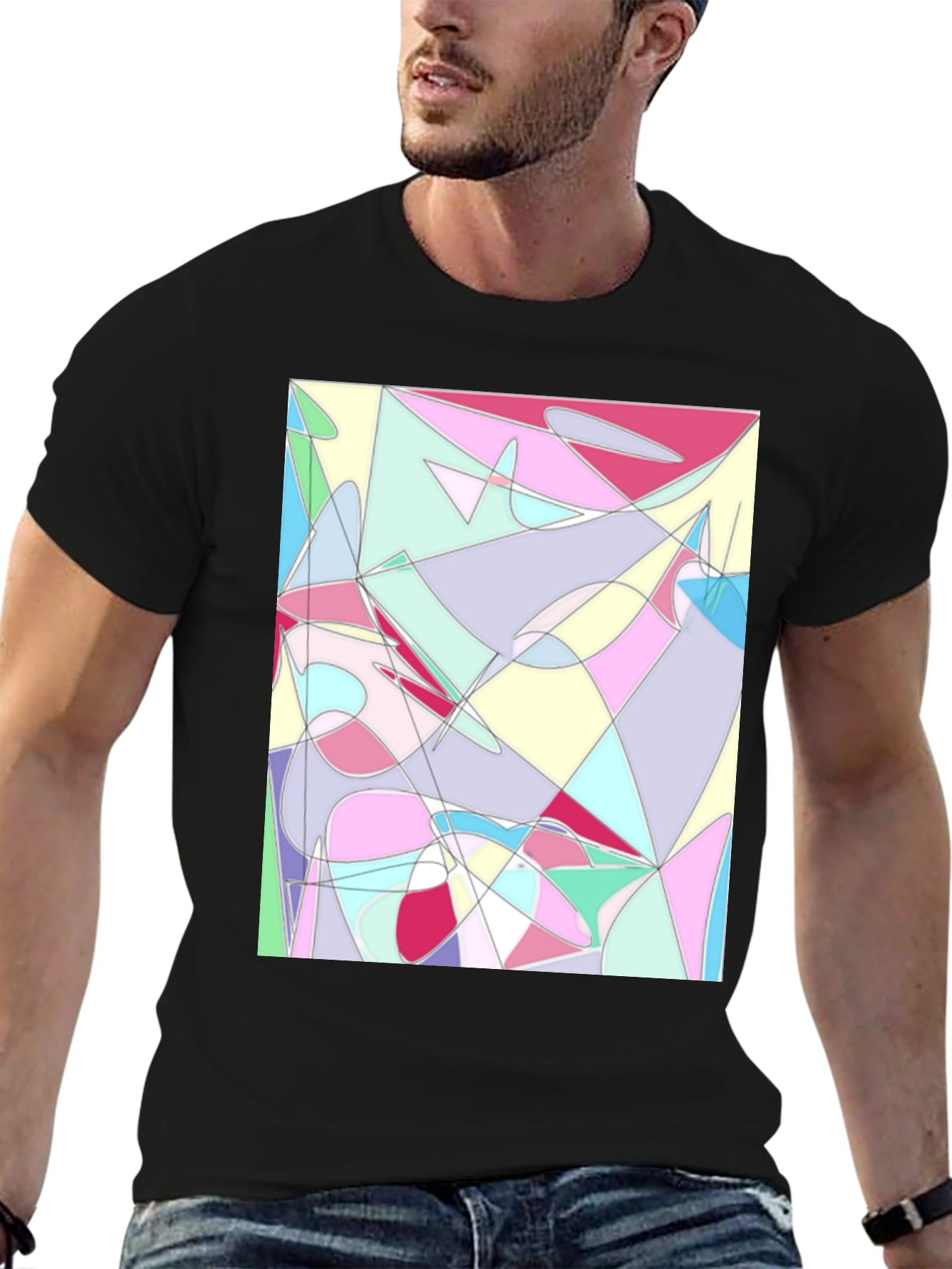 Black Abstract Geometric Print Black T-Shirt view 6