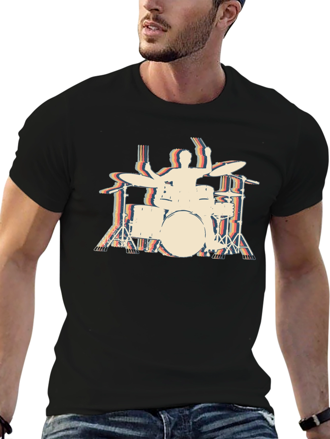 Black Retro Drummer Graphic Tee - Vintage Music Shirt view 6