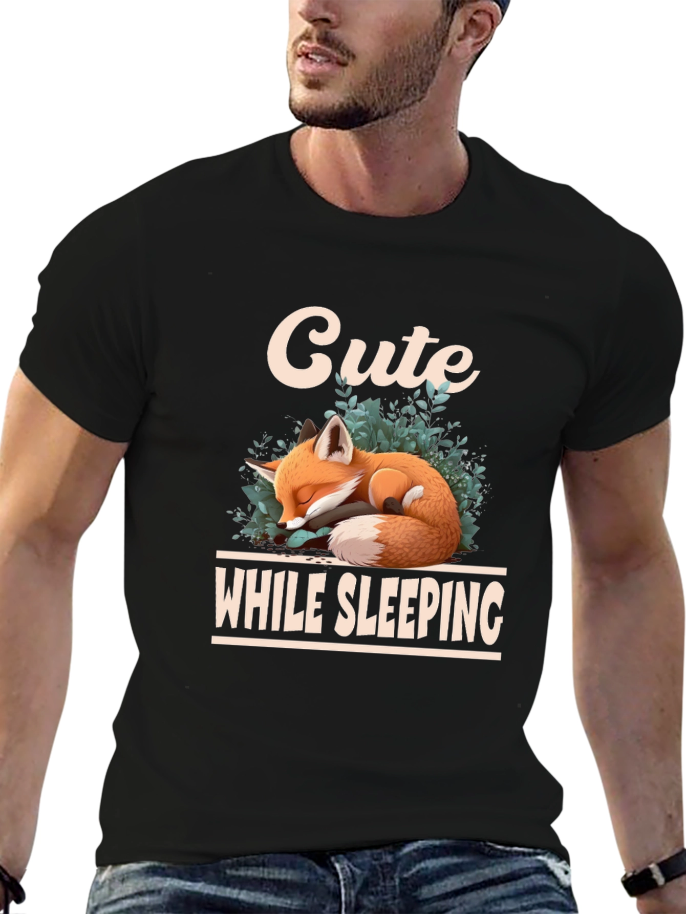 Black Cute Sleeping Fox Graphic T-Shirt view 6