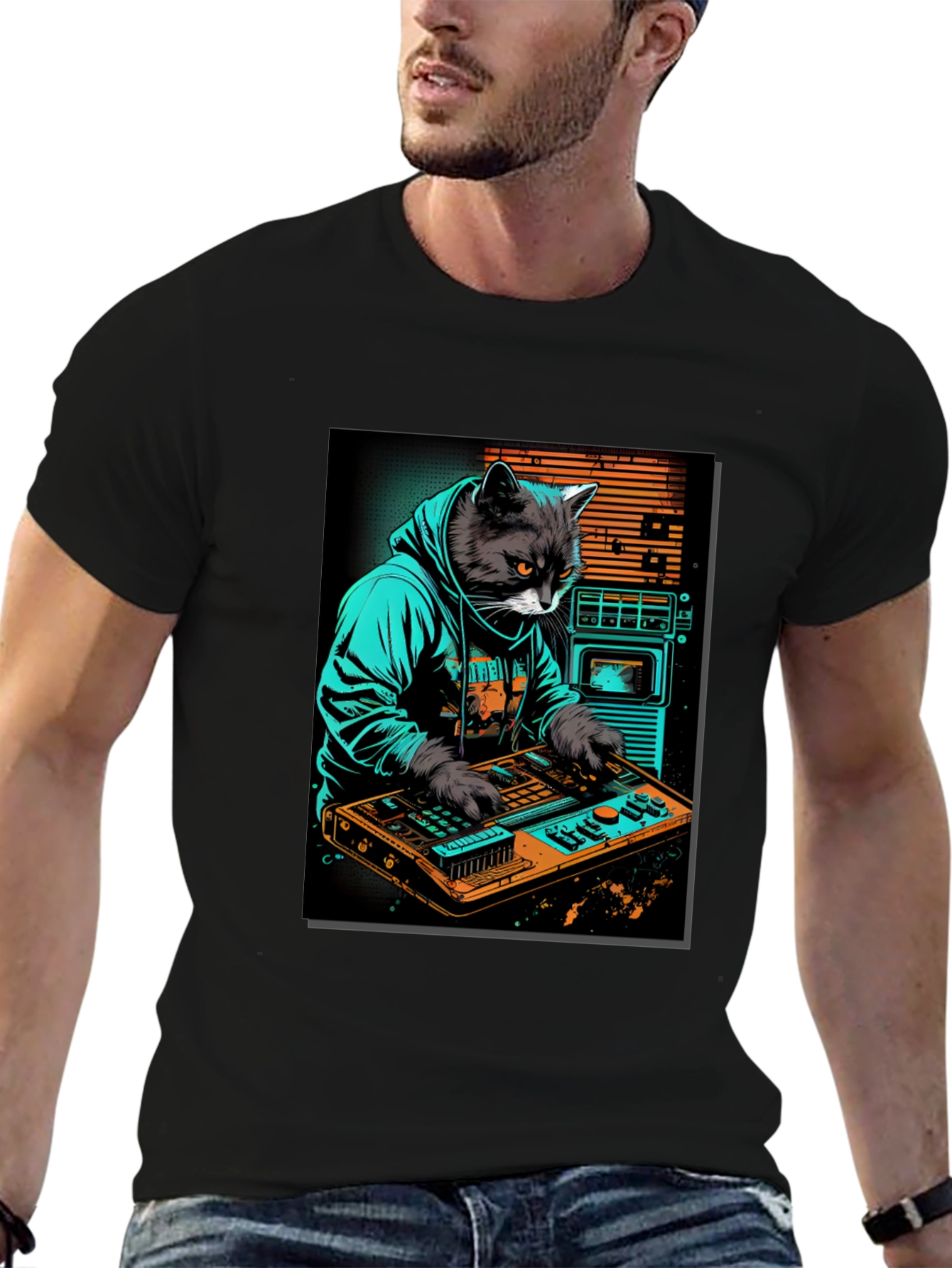Black Cat DJ Graphic Tee - Cool Black T-Shirt view 6