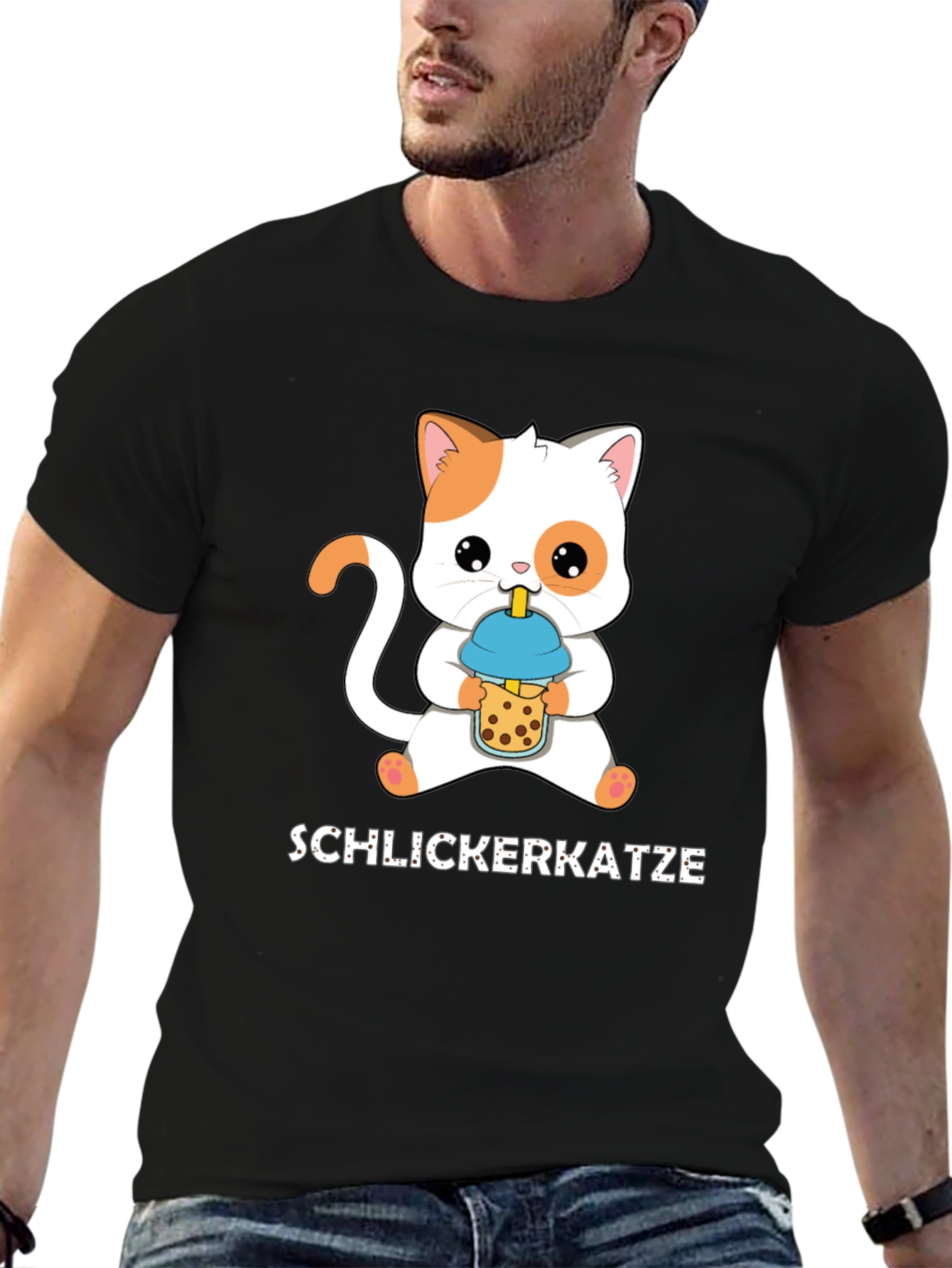 Black Schlickerkatze Cat Boba Tea T-Shirt view 6