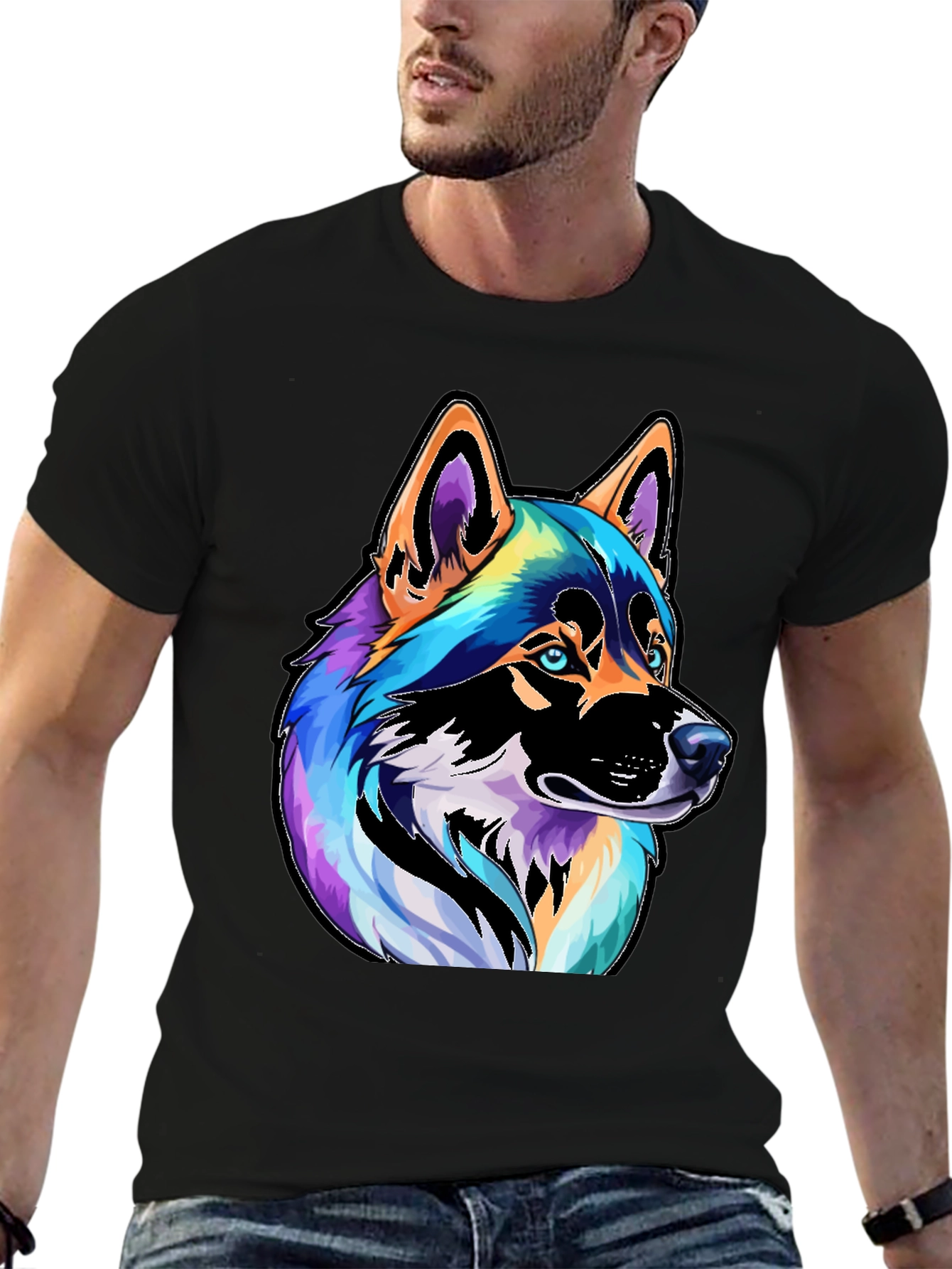 Black Colorful Husky Dog Graphic Tee - Black view 6