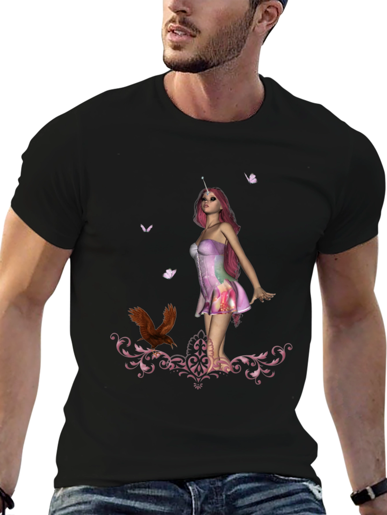 Black Unicorn Fairy Graphic Print T-Shirt view 6