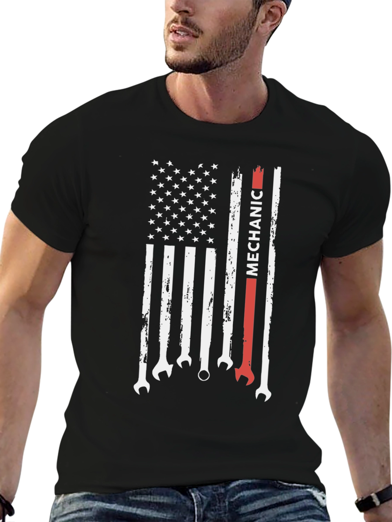 Black Mechanic American Flag Graphic Tee - Patriotic Wrench T-Shirt view 6