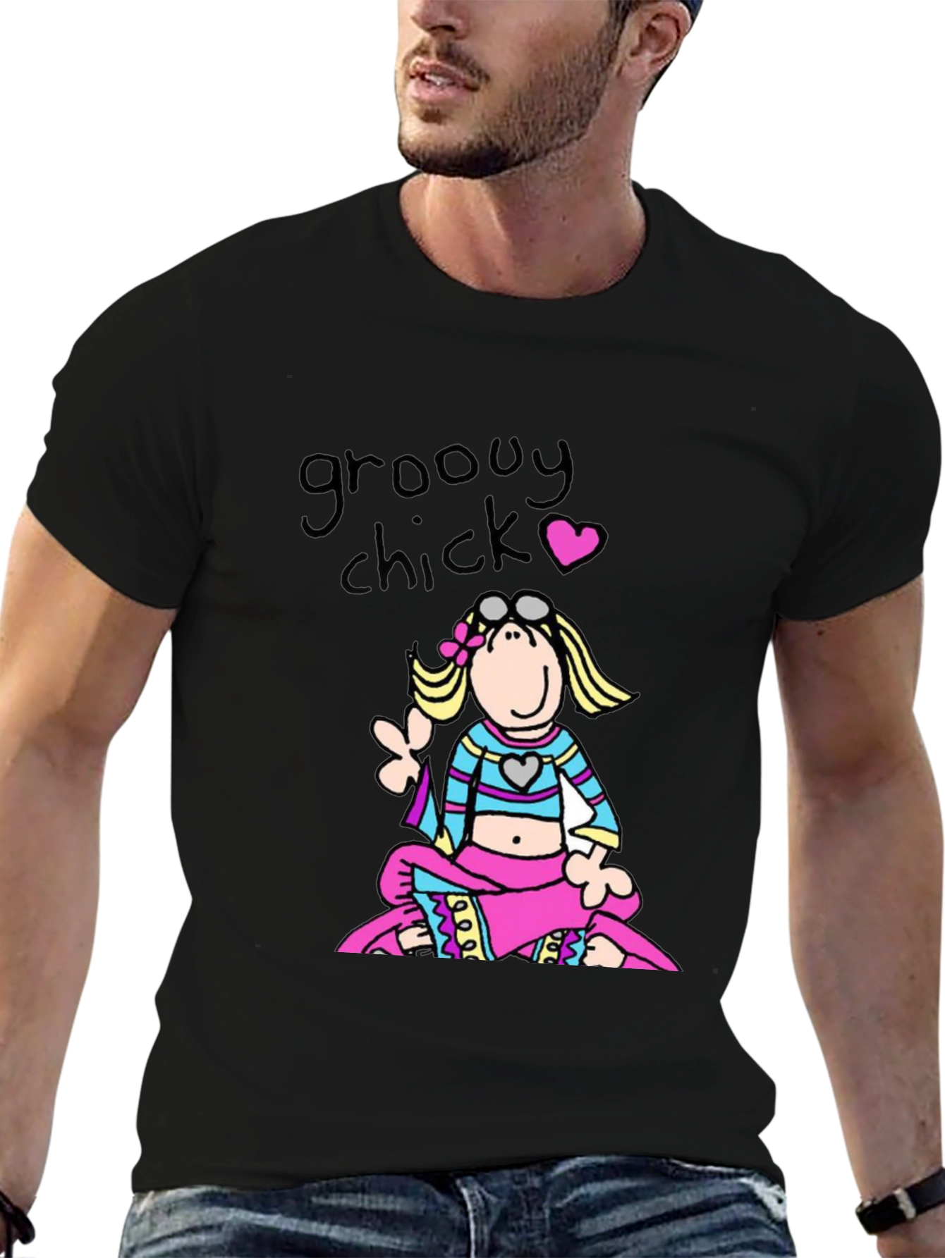 Black Groovy Chick Graphic Tee - Retro 70s Style T-Shirt view 6