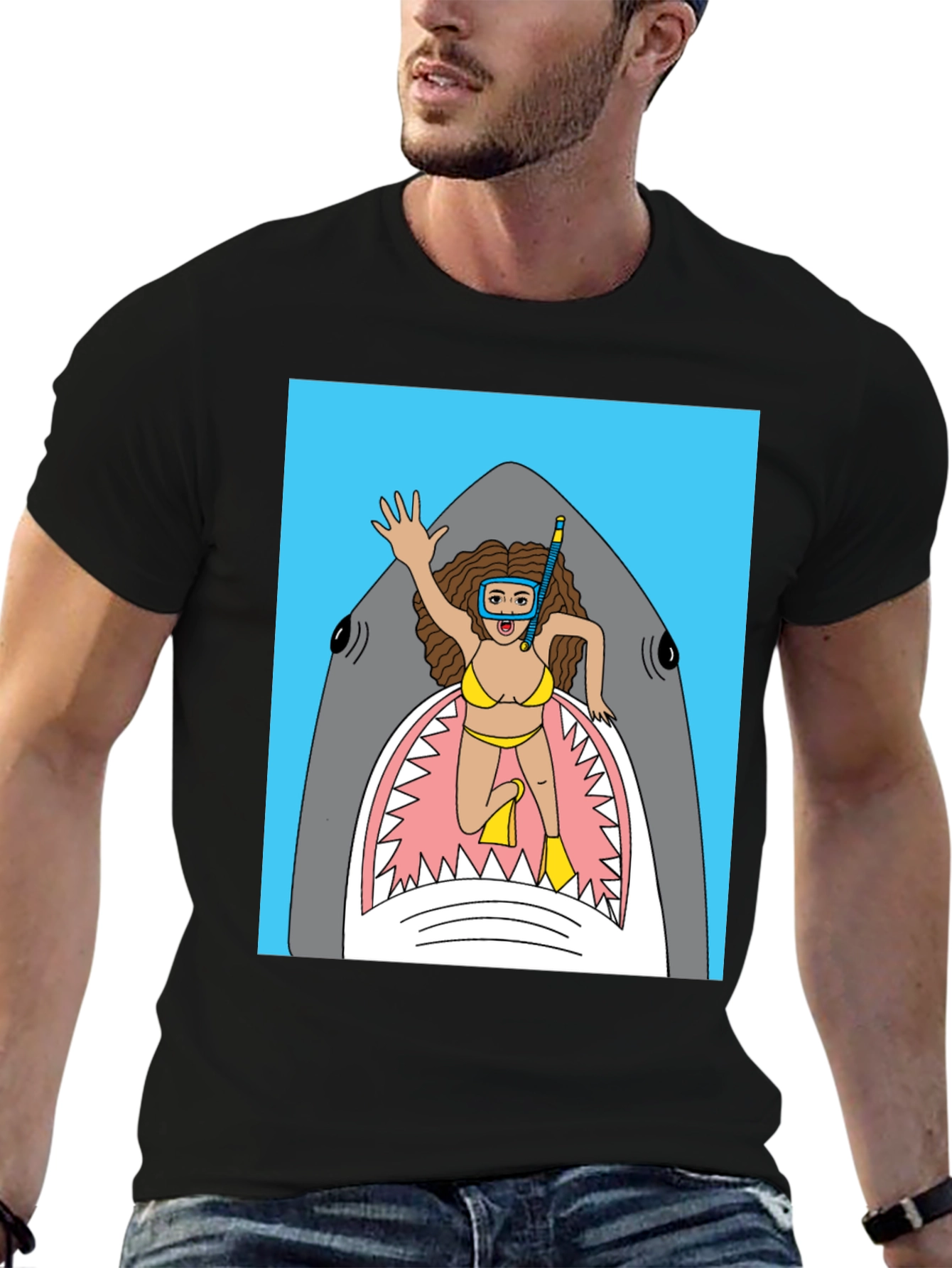 Black Shark Diver Graphic Tee - Funny Cartoon T-Shirt view 6