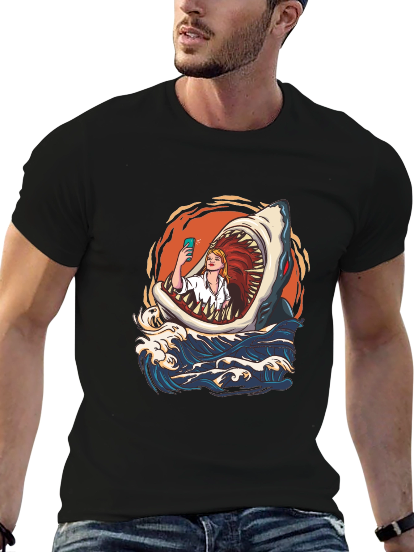 Black Shark Selfie Graphic Tee - Funny Ocean Print view 6