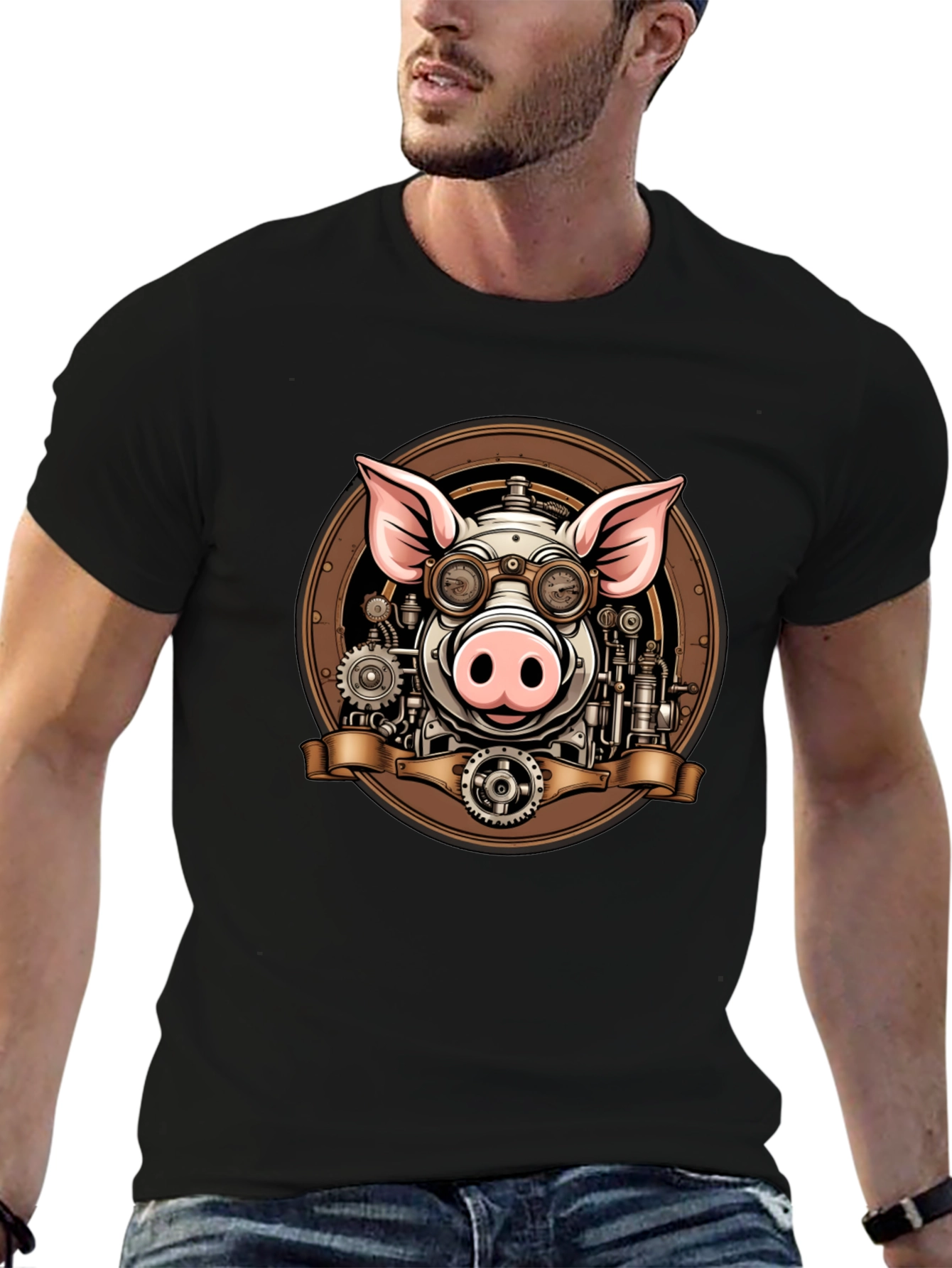 Black Steampunk Pig Graphic Tee - Unique Design view 6