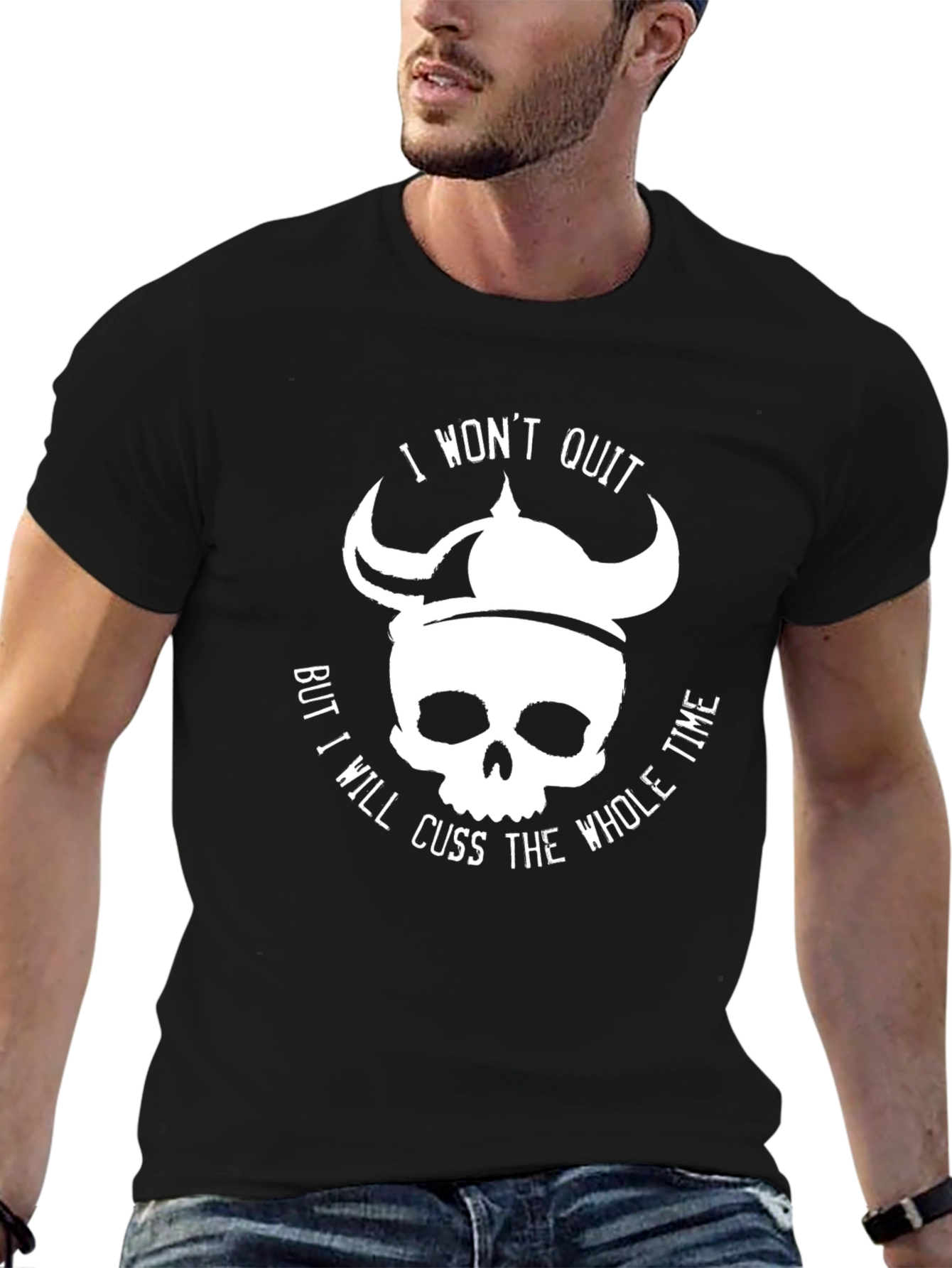 Black I Won't Quit Skull Viking Helmet T-Shirt view 6