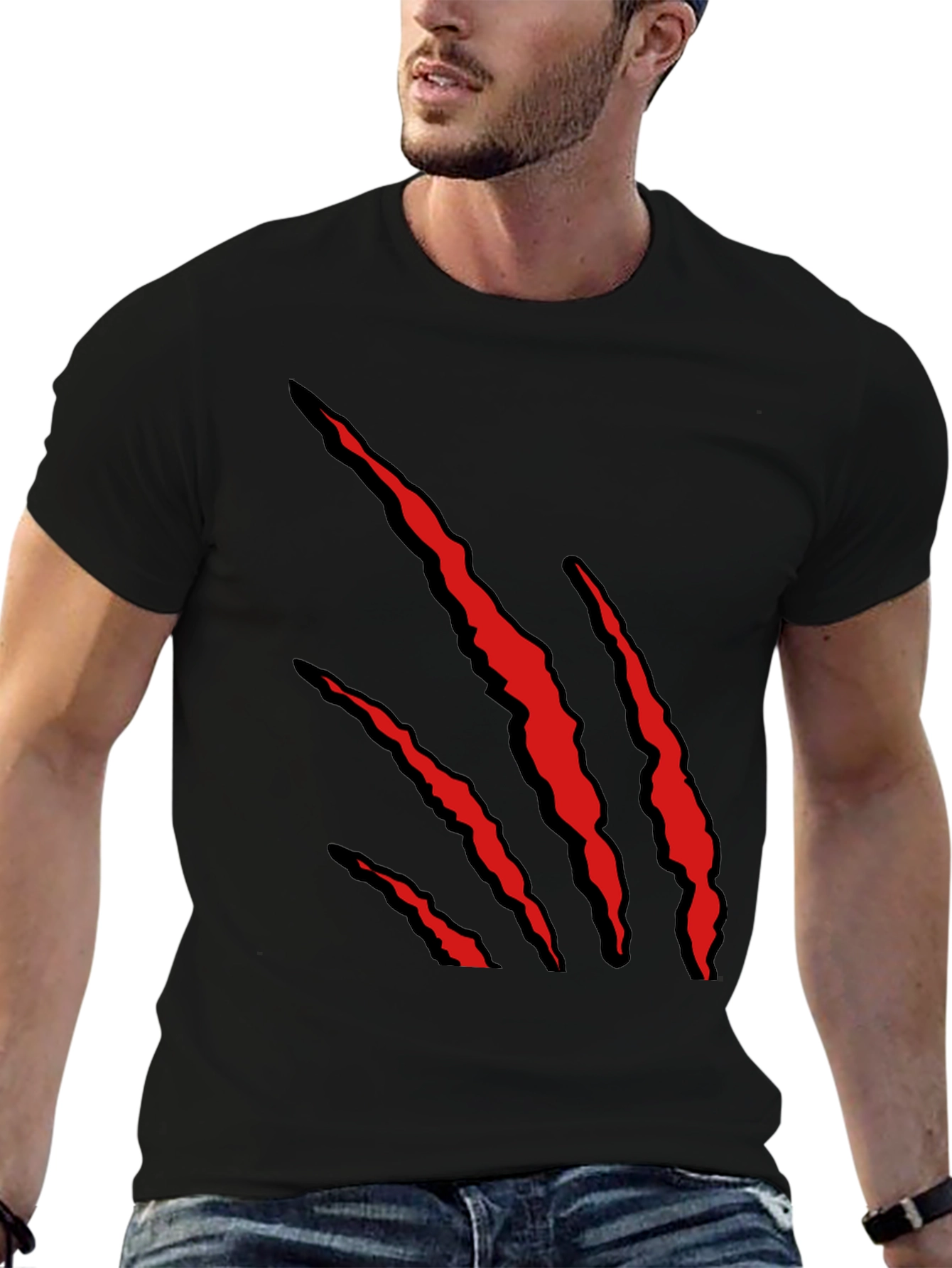 Black Men's Black T-Shirt with Red Claw Graphic view 6