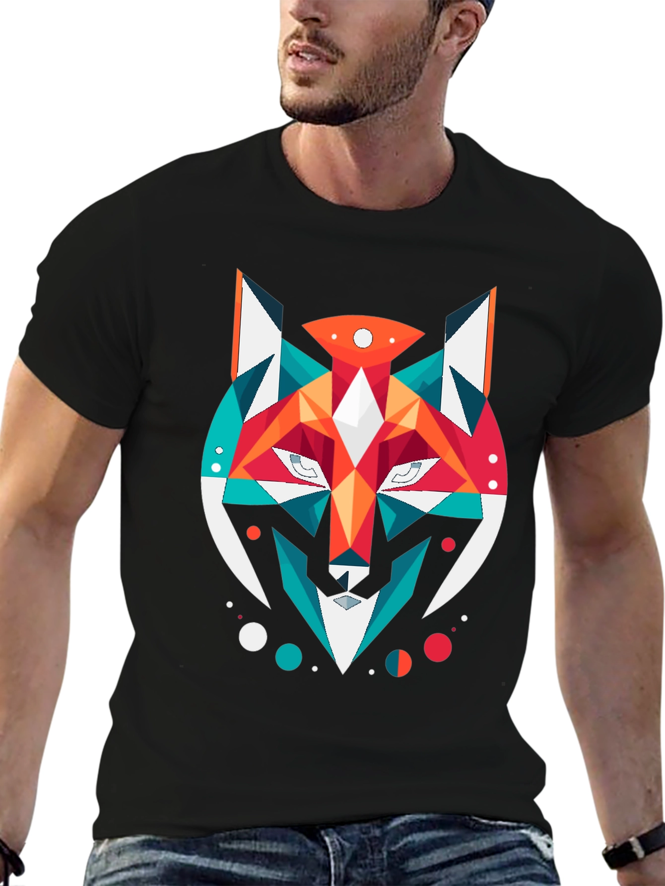 Black Geometric Fox Graphic Black T-Shirt view 6