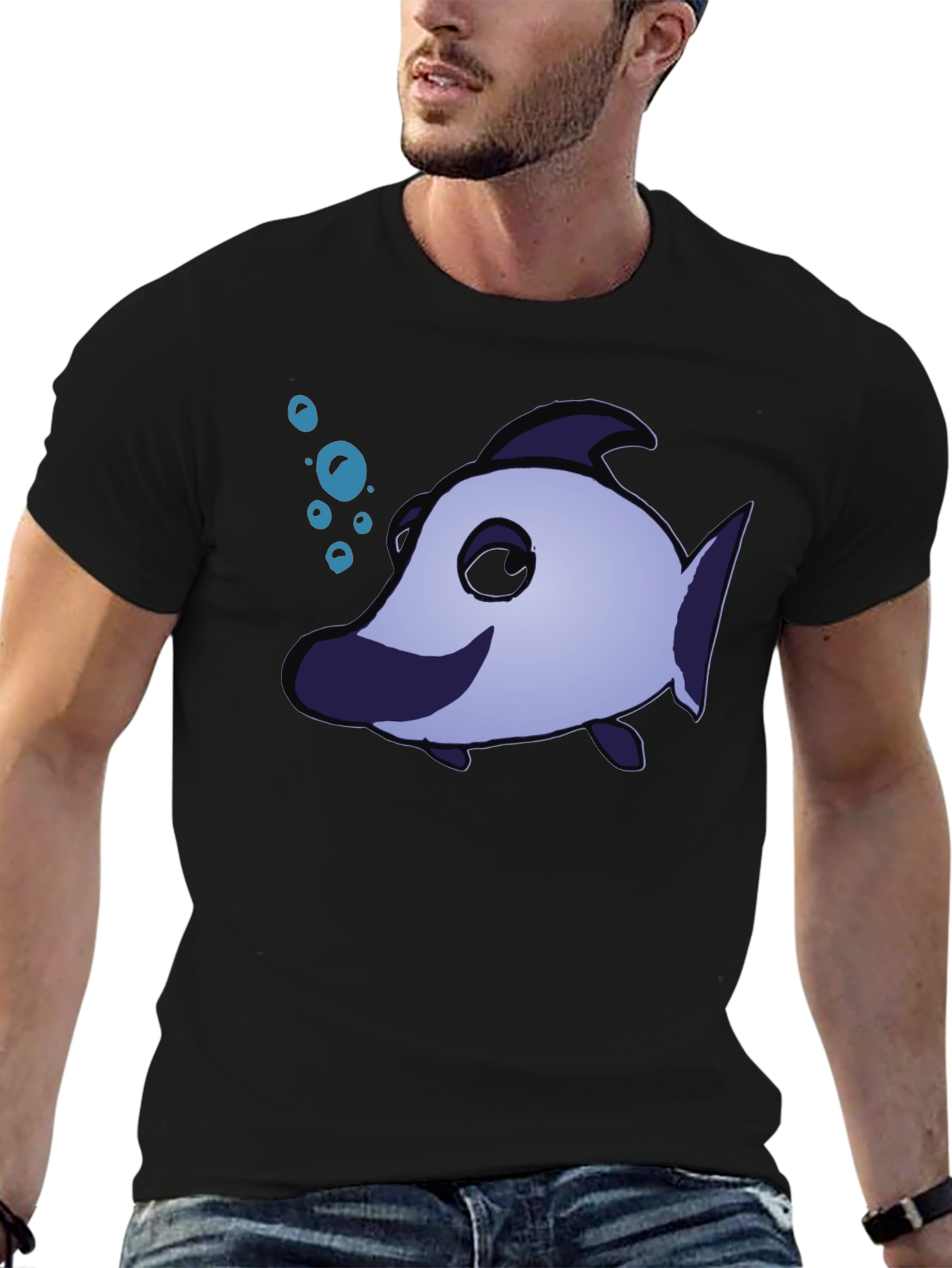 Black Funny Cartoon Fish T-Shirt view 6