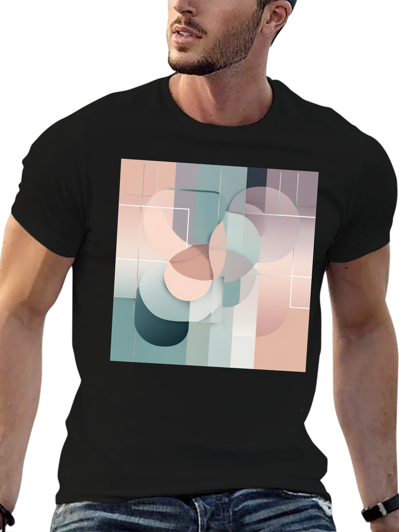 Black Modern Geometric Circle Design Black T-Shirt view 6