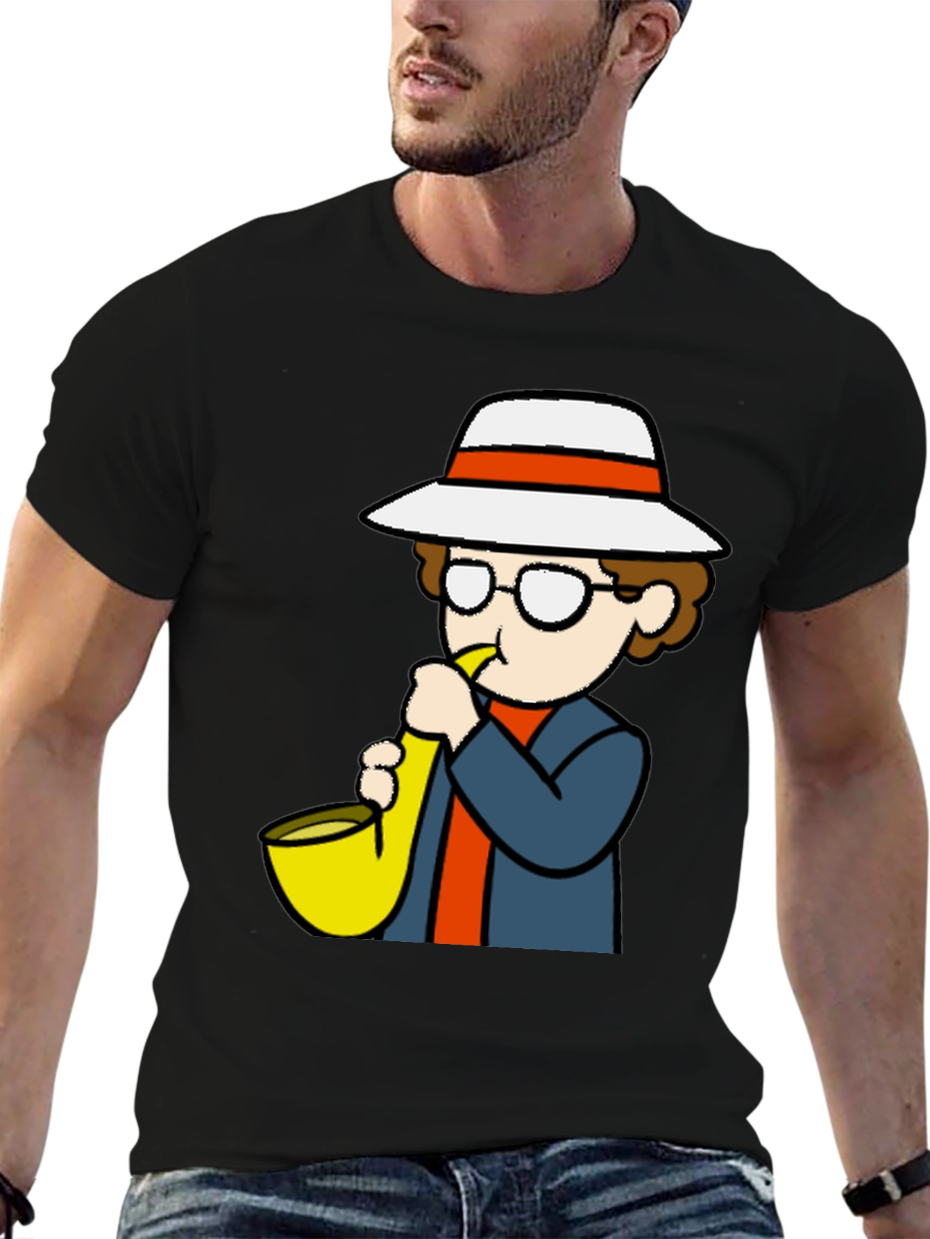 Black Cartoon Sax Player T-Shirt - Cool Graphic Tee view 6