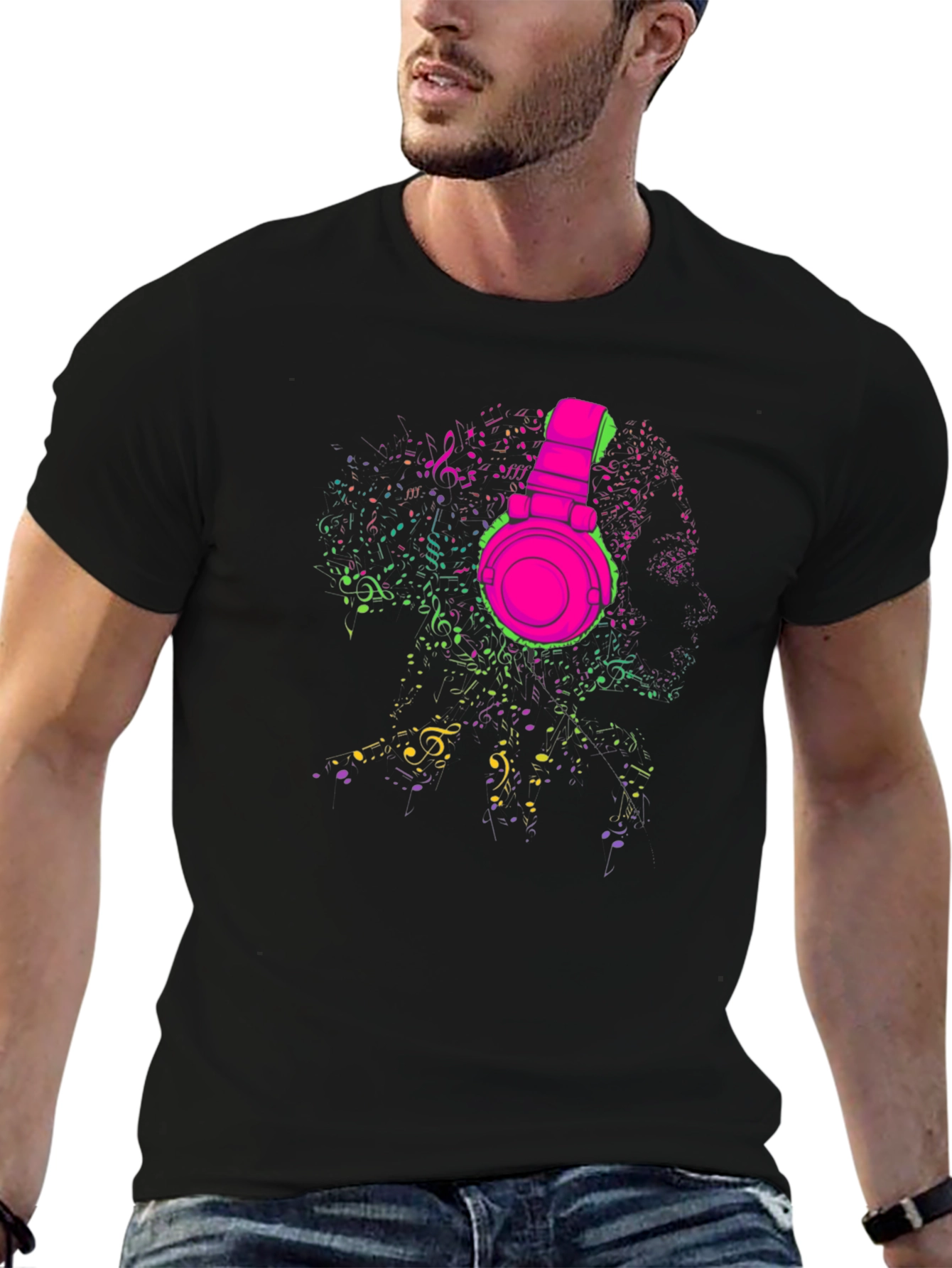 Black Neon Music Headphones Graphic T-Shirt view 6