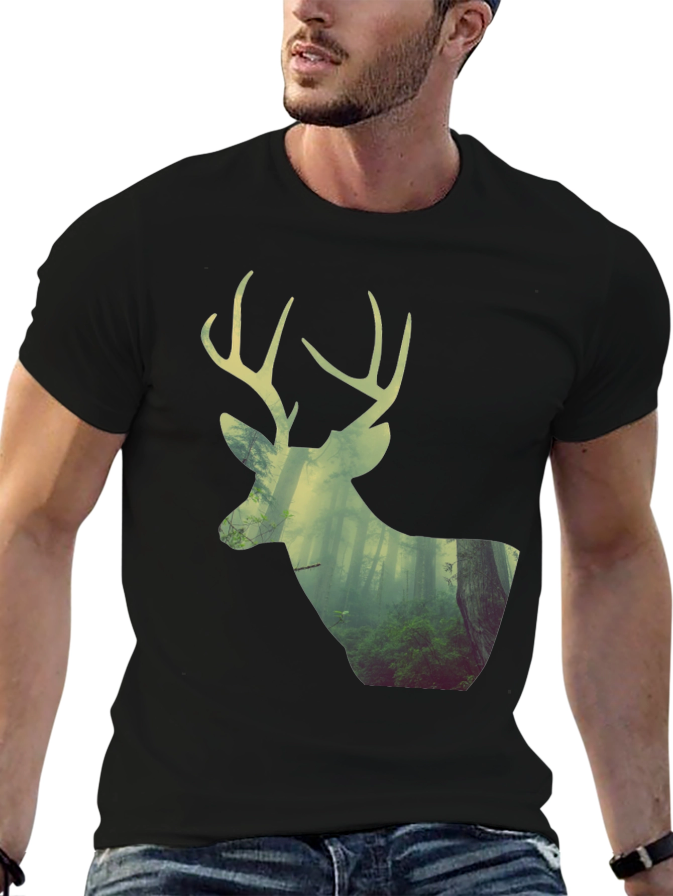 Black Deer Forest Graphic Print Black T-Shirt view 6
