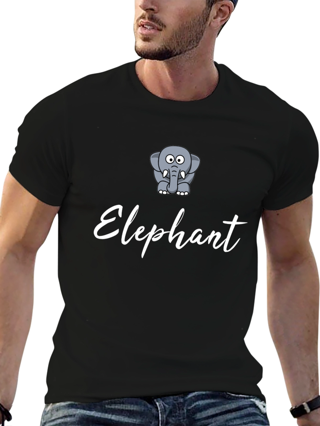 Black Elephant Cartoon Print Men's Black T-Shirt view 6