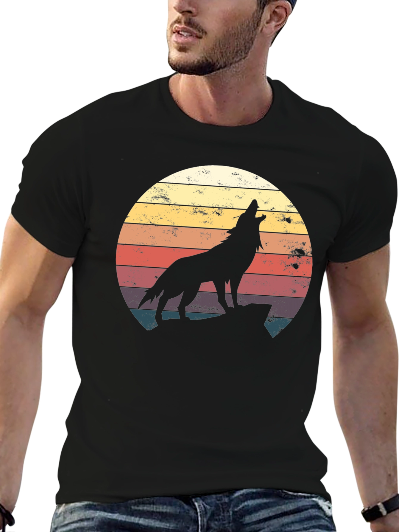 Black Retro Wolf Silhouette T-Shirt - Vintage Style view 6
