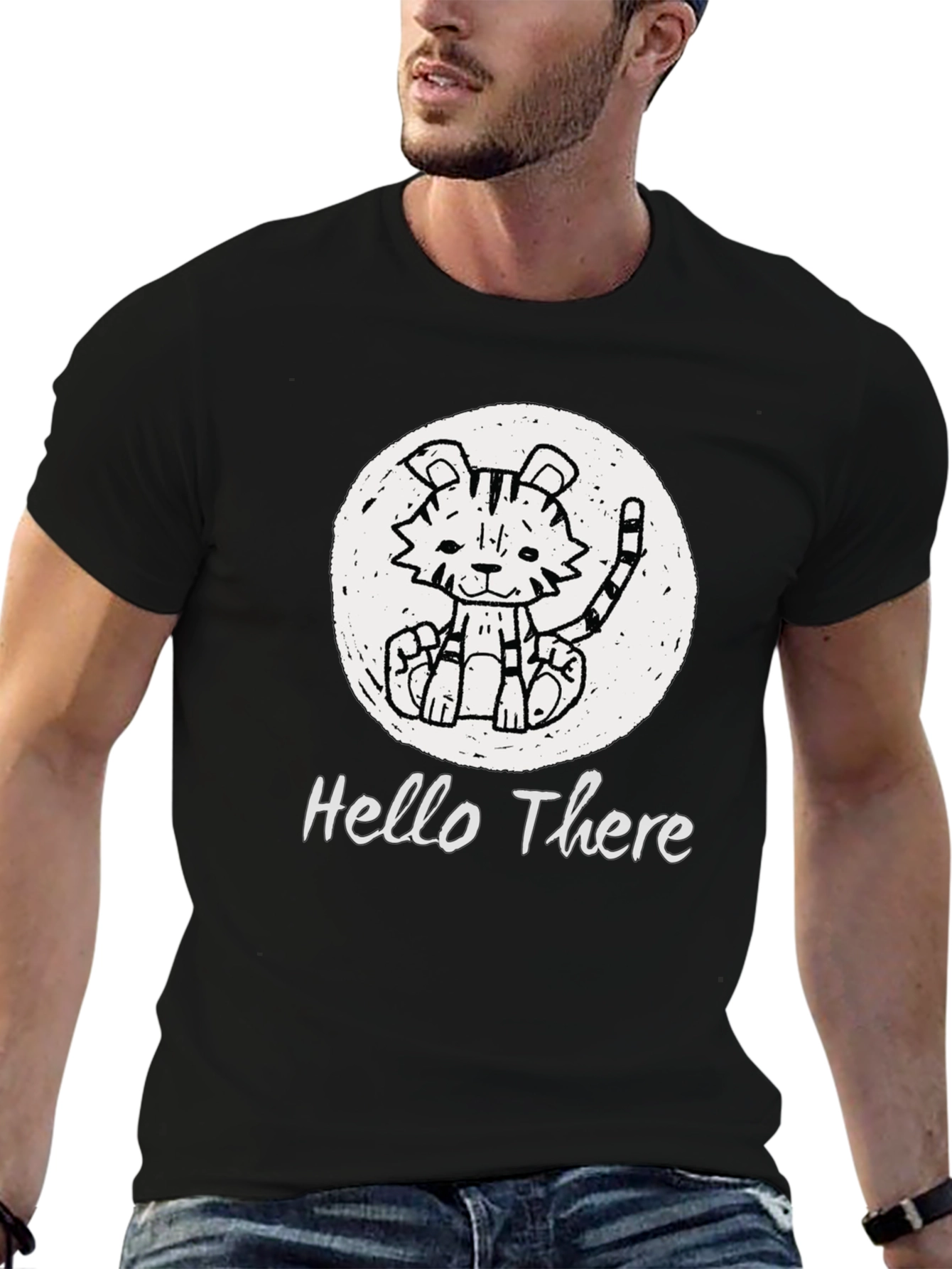 Black Cute Tiger "Hello There" Black Graphic T-Shirt view 6