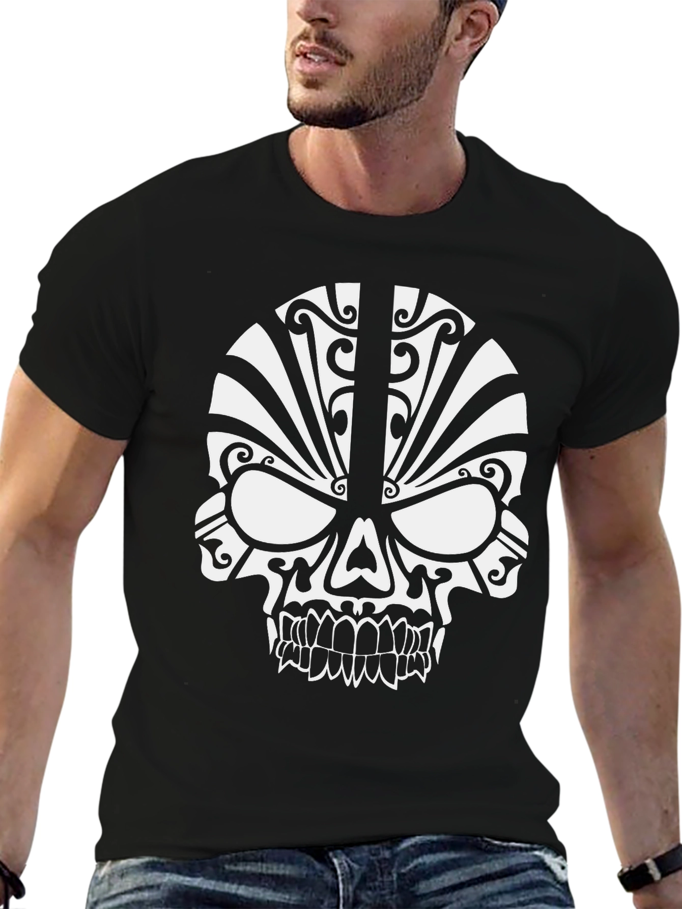 Black Tribal Skull Graphic T-Shirt - Modern Edgy Design view 6