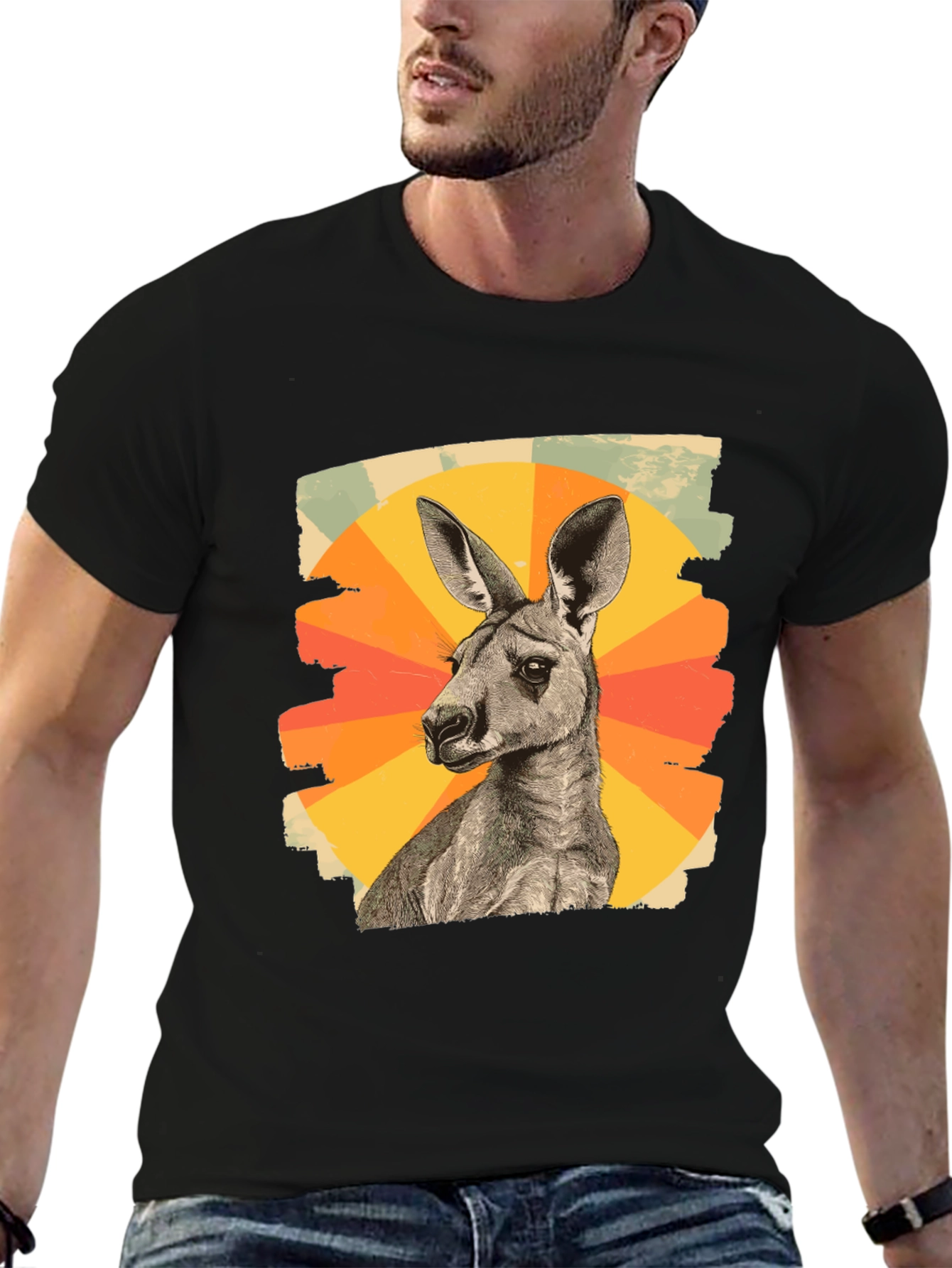 Black Retro Kangaroo Graphic Tee - Black Cotton Blend view 6