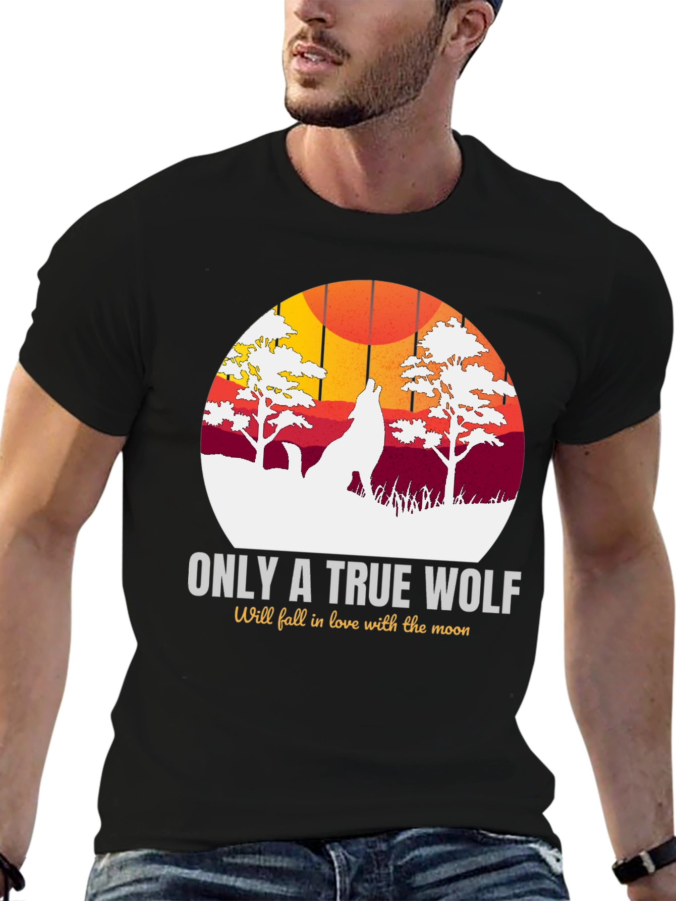 Black True Wolf Graphic Tee - Moon Lover Design view 6