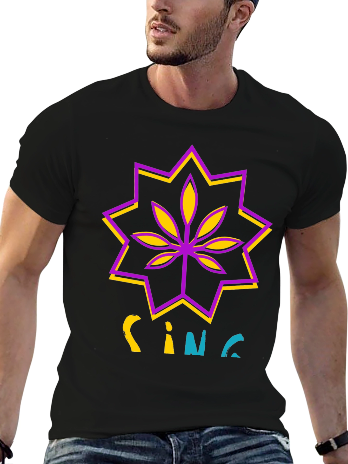 Black Stylish Black T-Shirt with Cannabis-Inspired Graphic Print view 6