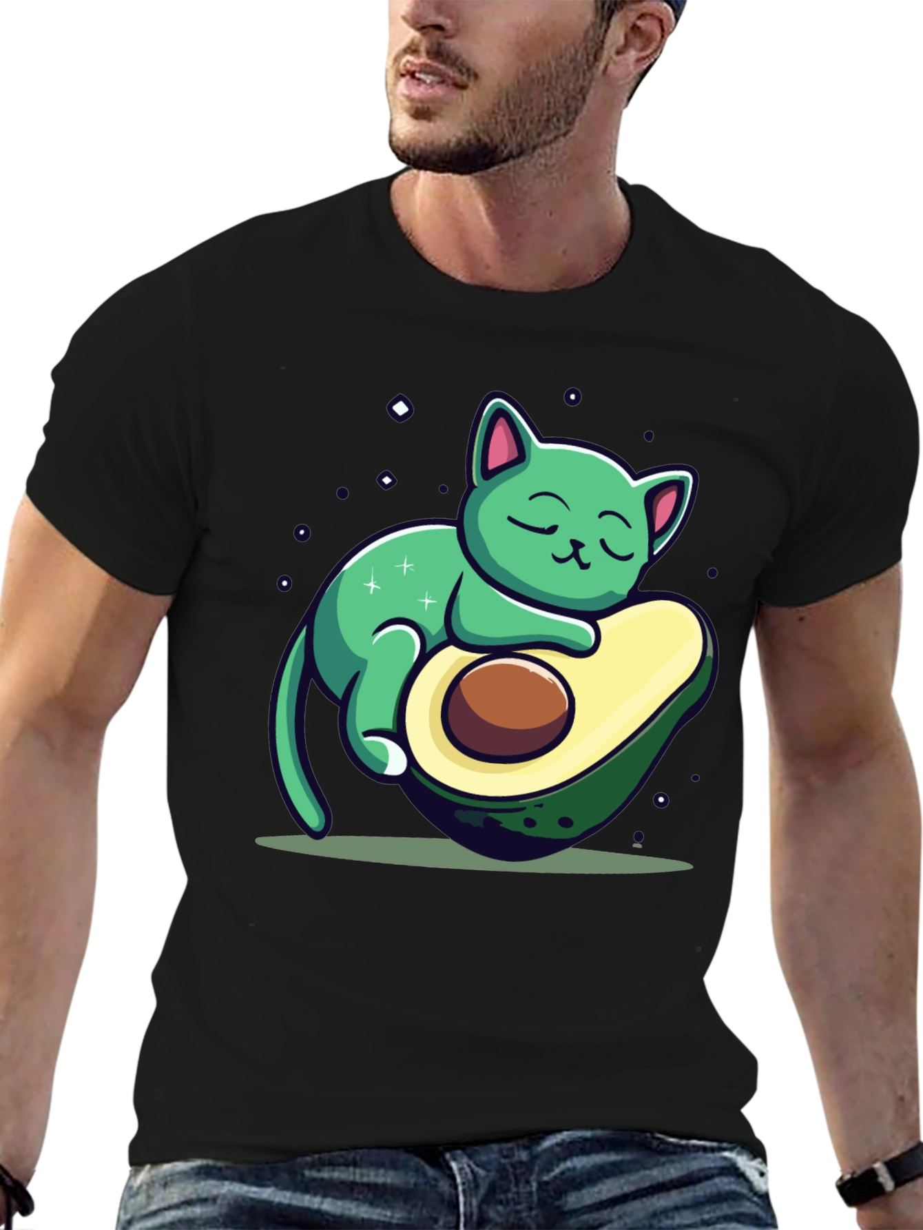 Black Cute Avocado Cat Graphic T-Shirt - Black view 6