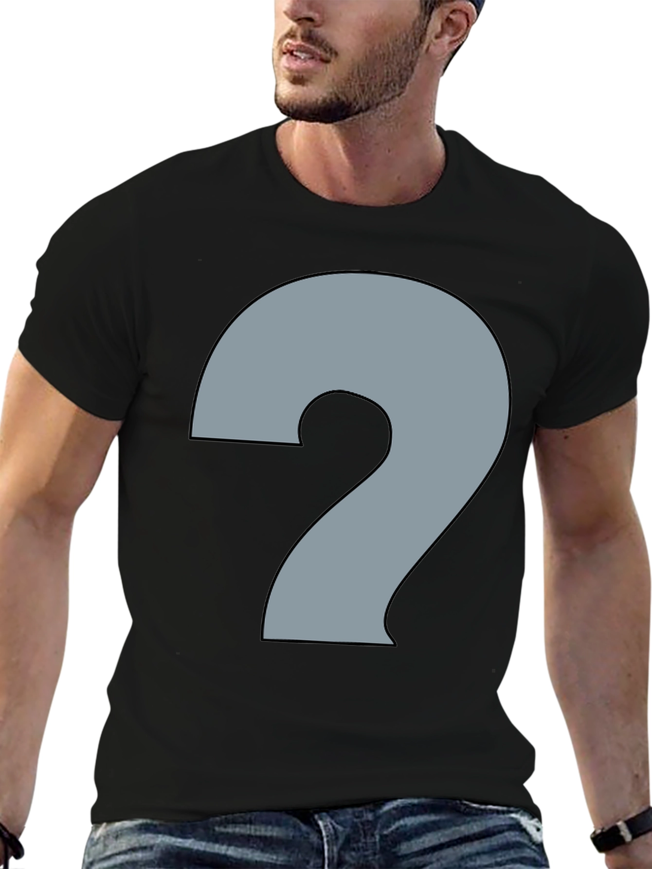 Black Men's Black T-Shirt with Question Mark Graphic view 6