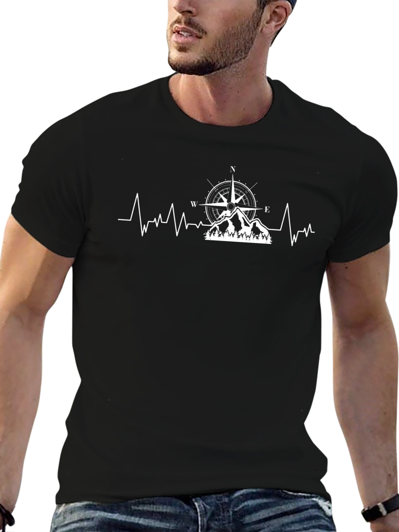 Black Adventure Compass Mountain Heartbeat T-Shirt view 6