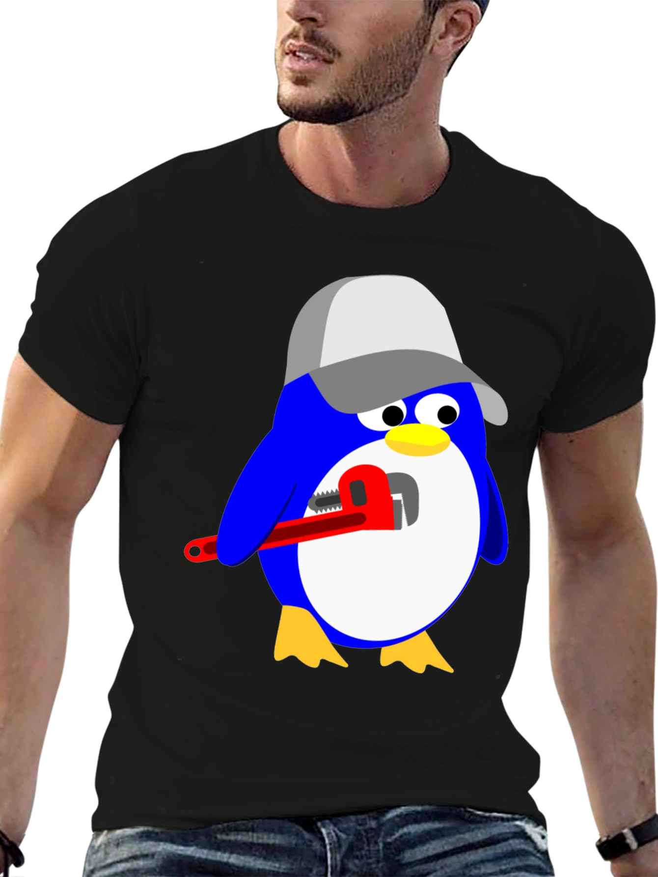 Black Plumber Penguin Graphic Tee - Black Cotton Shirt view 6
