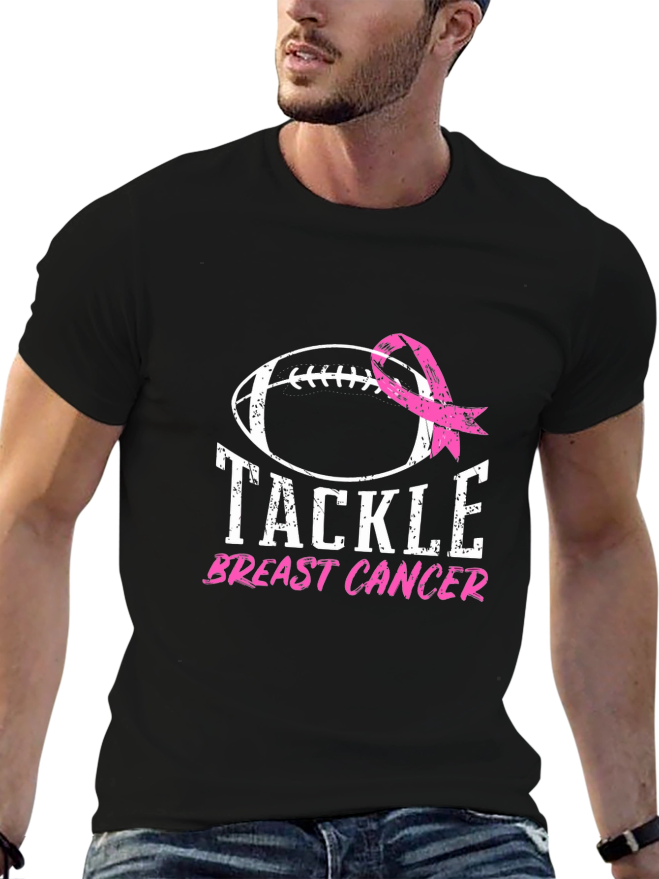 Black Tackle Breast Cancer Football Ribbon Awareness T-Shirt view 6