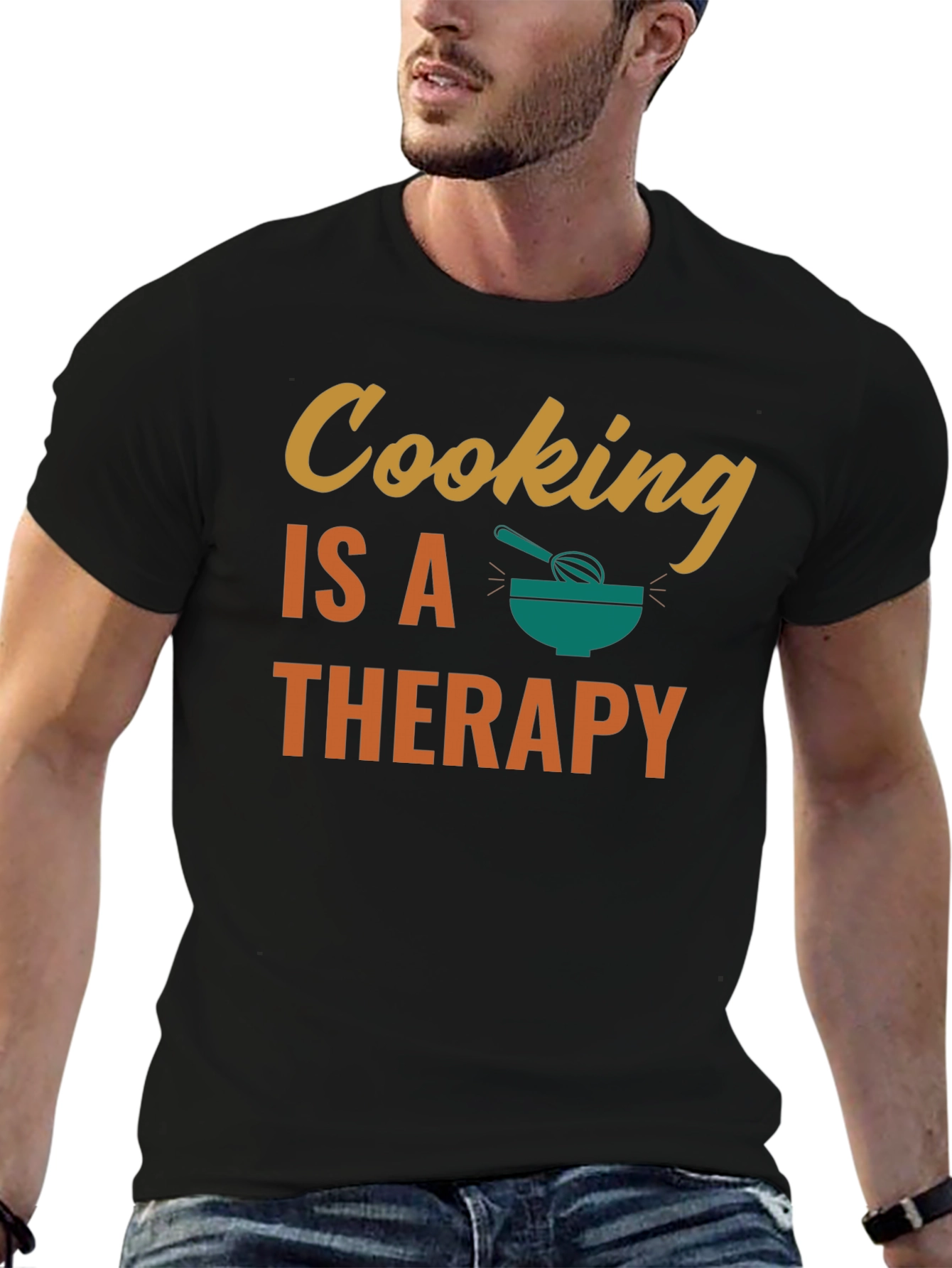 Black Cooking is Therapy T-Shirt - Black Cotton Tee view 6
