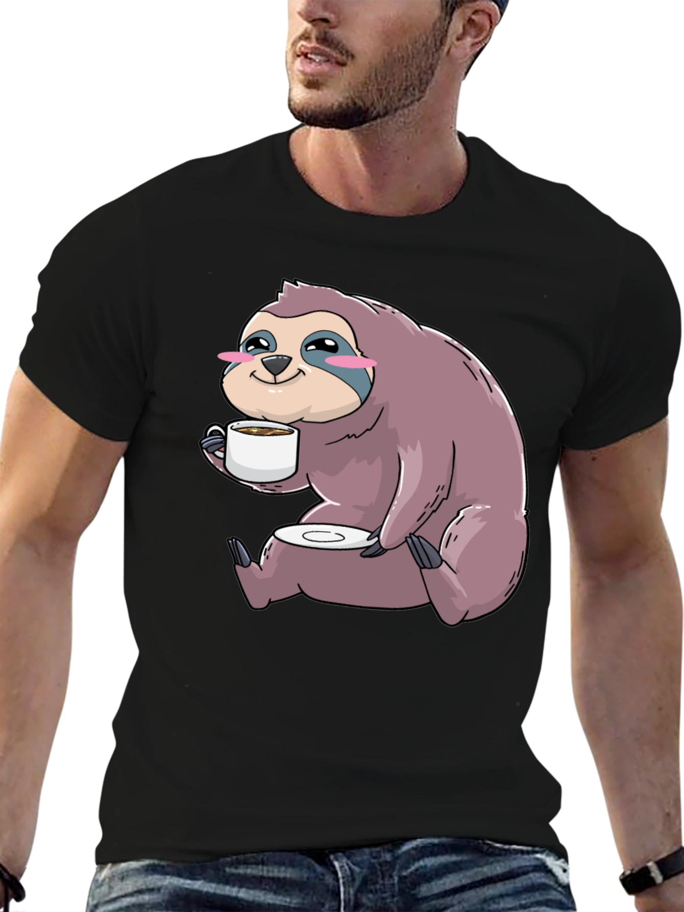 Black Sloth Coffee T-Shirt - Cute Cartoon Sloth Drinking Coffee view 6