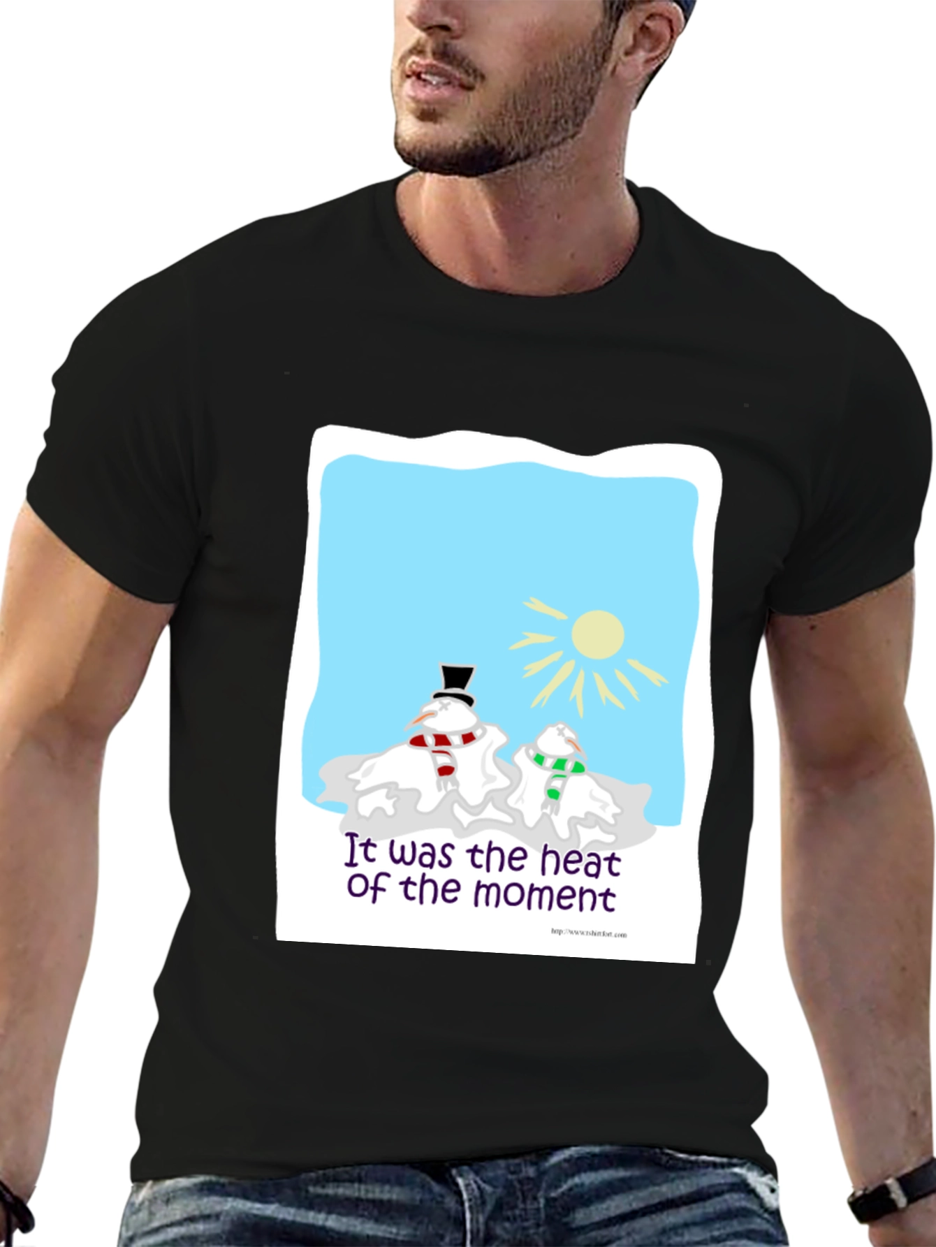 Black Humorous Melting Snowman T-Shirt view 6