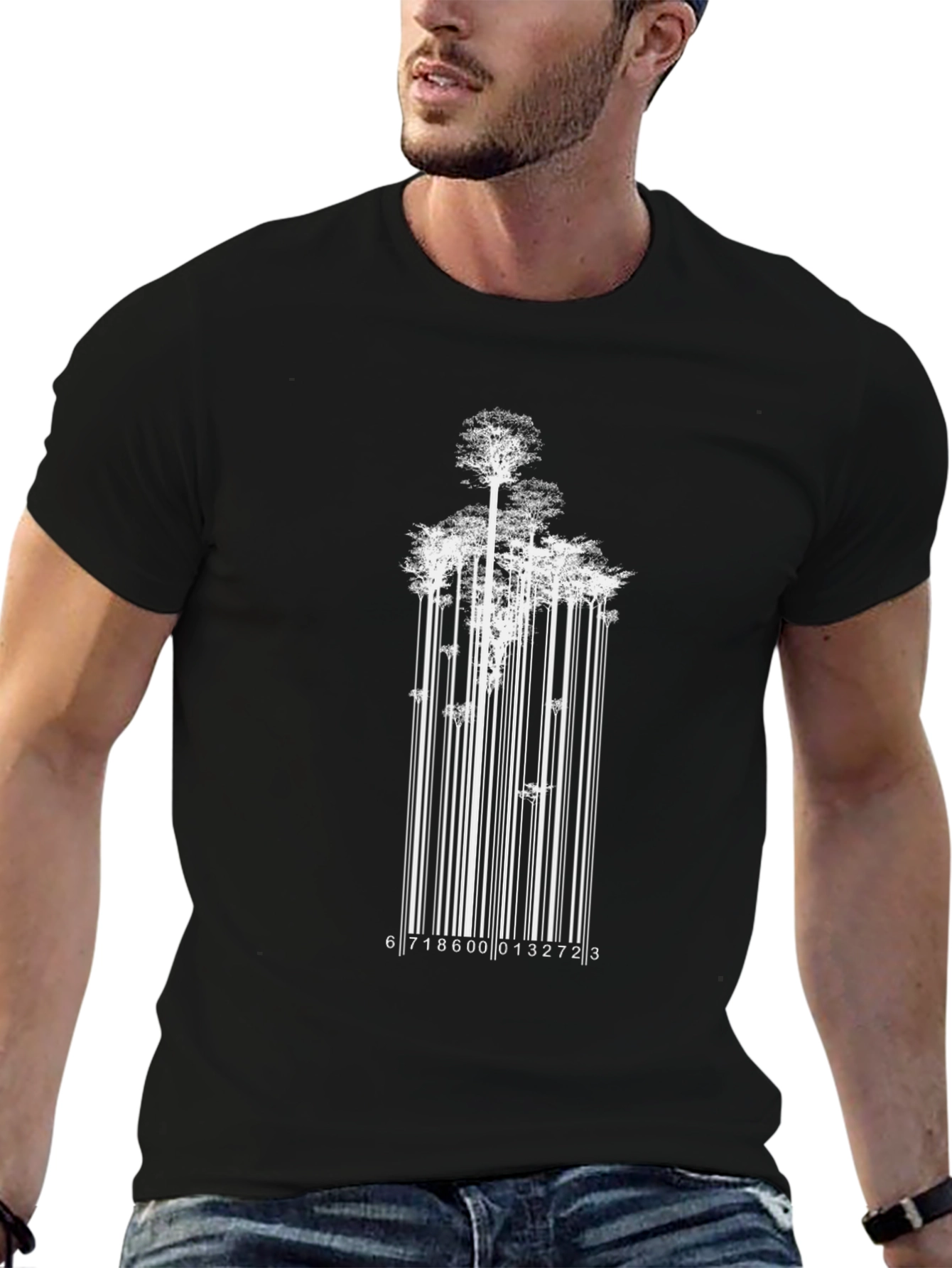 Black Nature Barcode T-Shirt - Black Cotton Tee view 6
