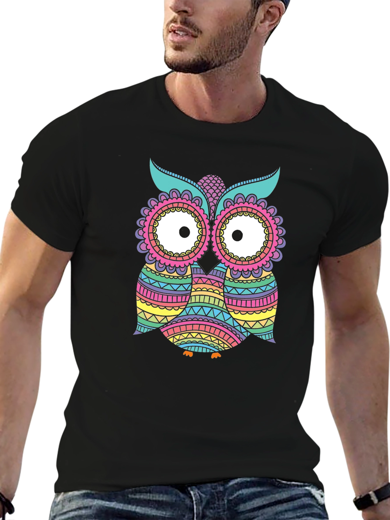 Black Colorful Owl Graphic T-Shirt view 6
