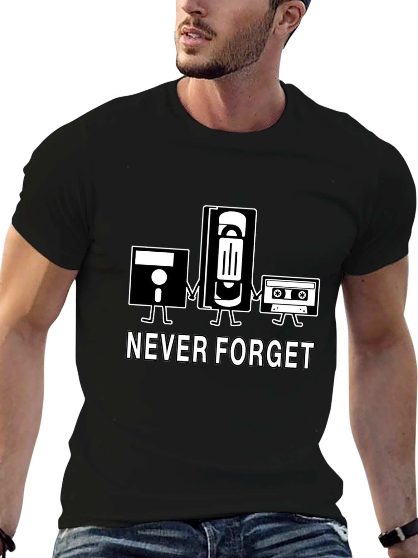 Black Retro Never Forget T-Shirt - Floppy Disk, VHS, Cassette  view 6