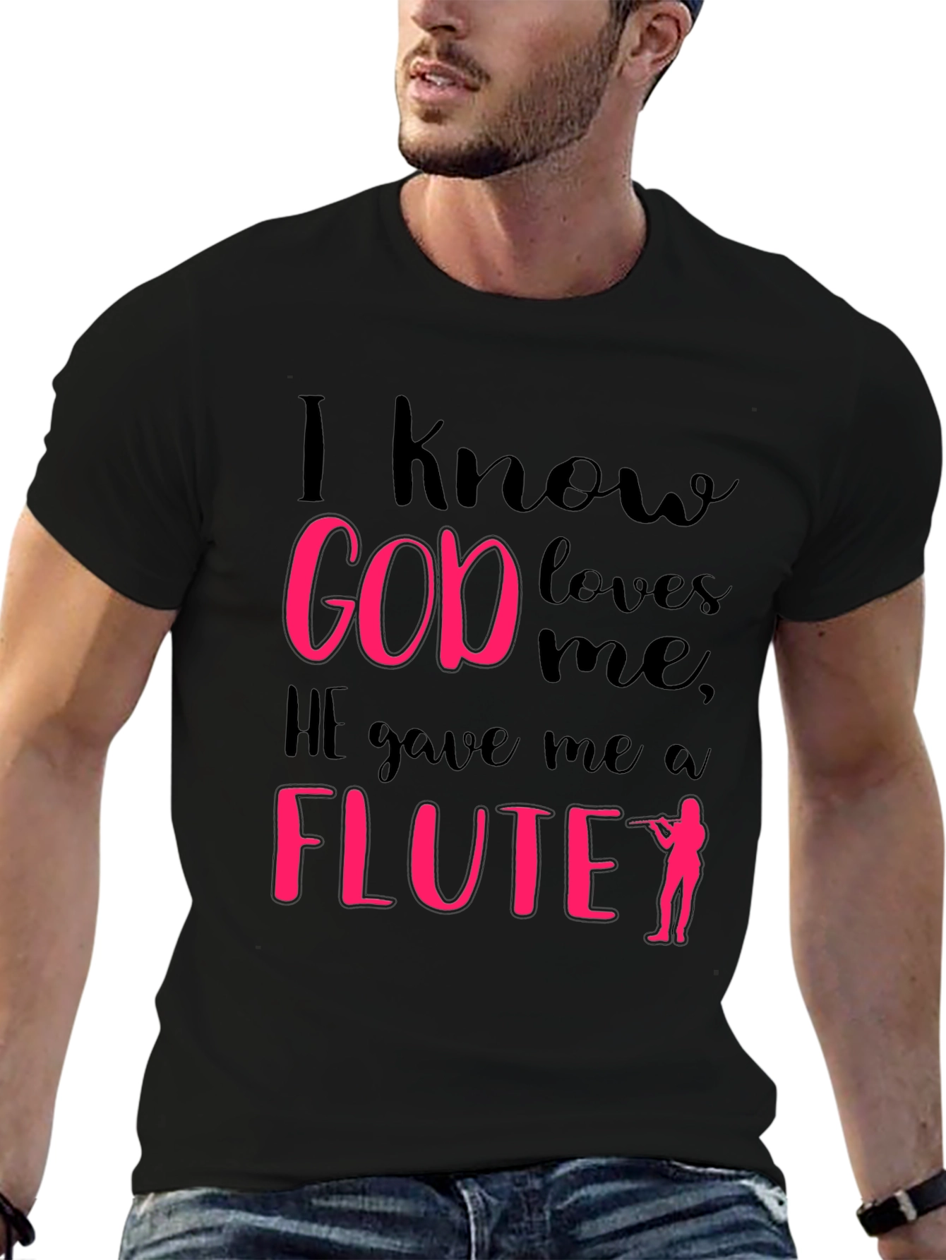 Black I Know God Loves Me Flute Player T-Shirt view 6