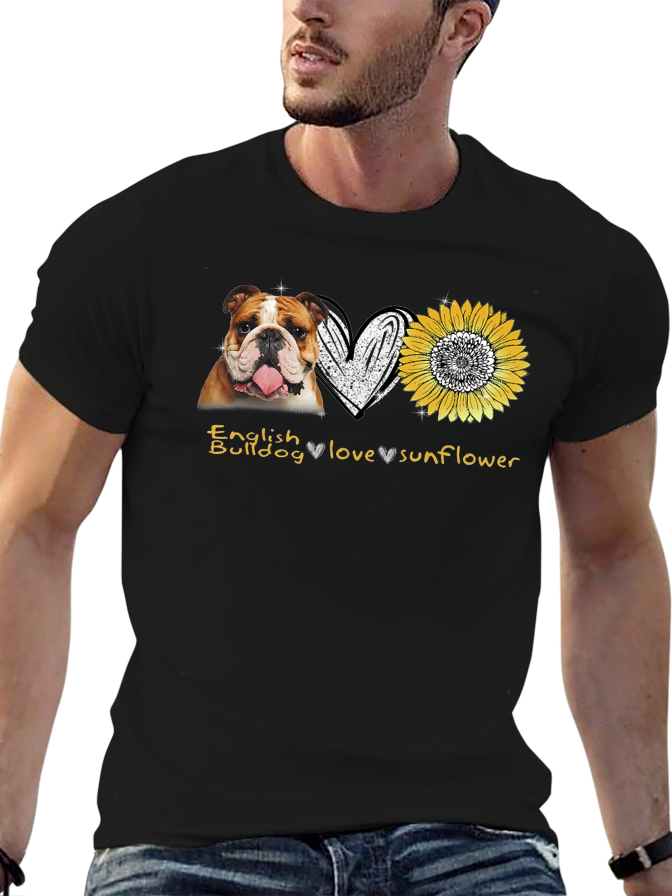 Black English Bulldog Love Sunflower Graphic T-Shirt view 6