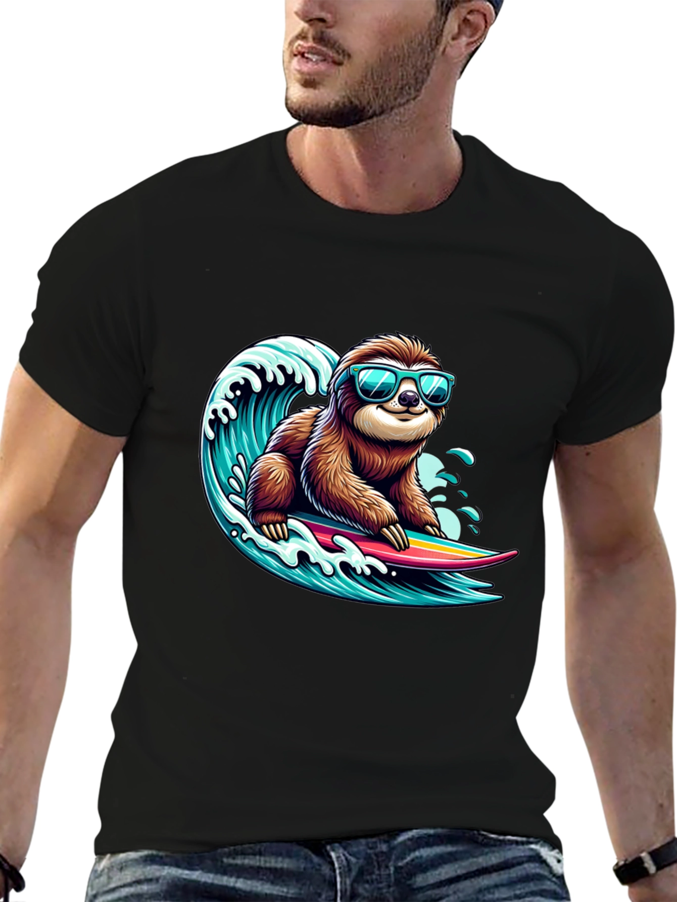 Black Surfing Sloth Graphic Tee - Cool Black T-Shirt view 6